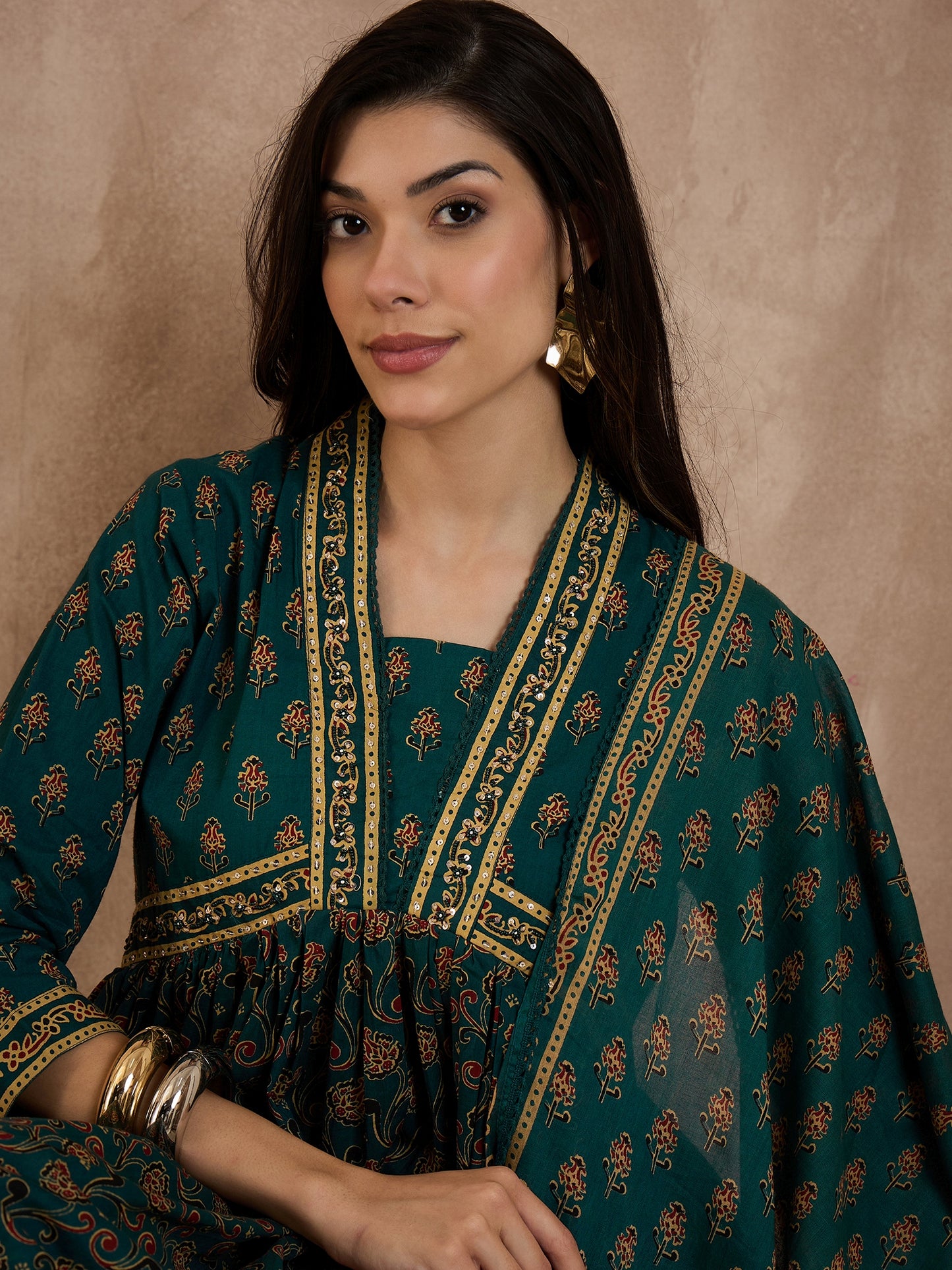 Women Printed Pleated Pure Cotton Anarkali Kurta set with Trousers & Dupatta