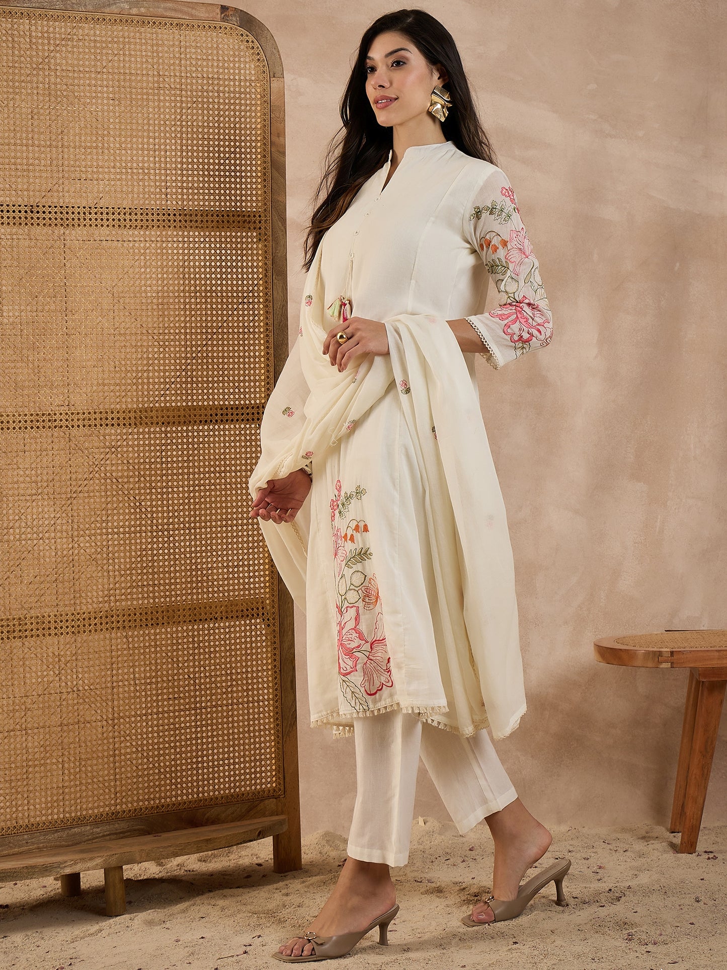 Women Floral Embroidered A-Line Kurta with Trousers & Dupatta