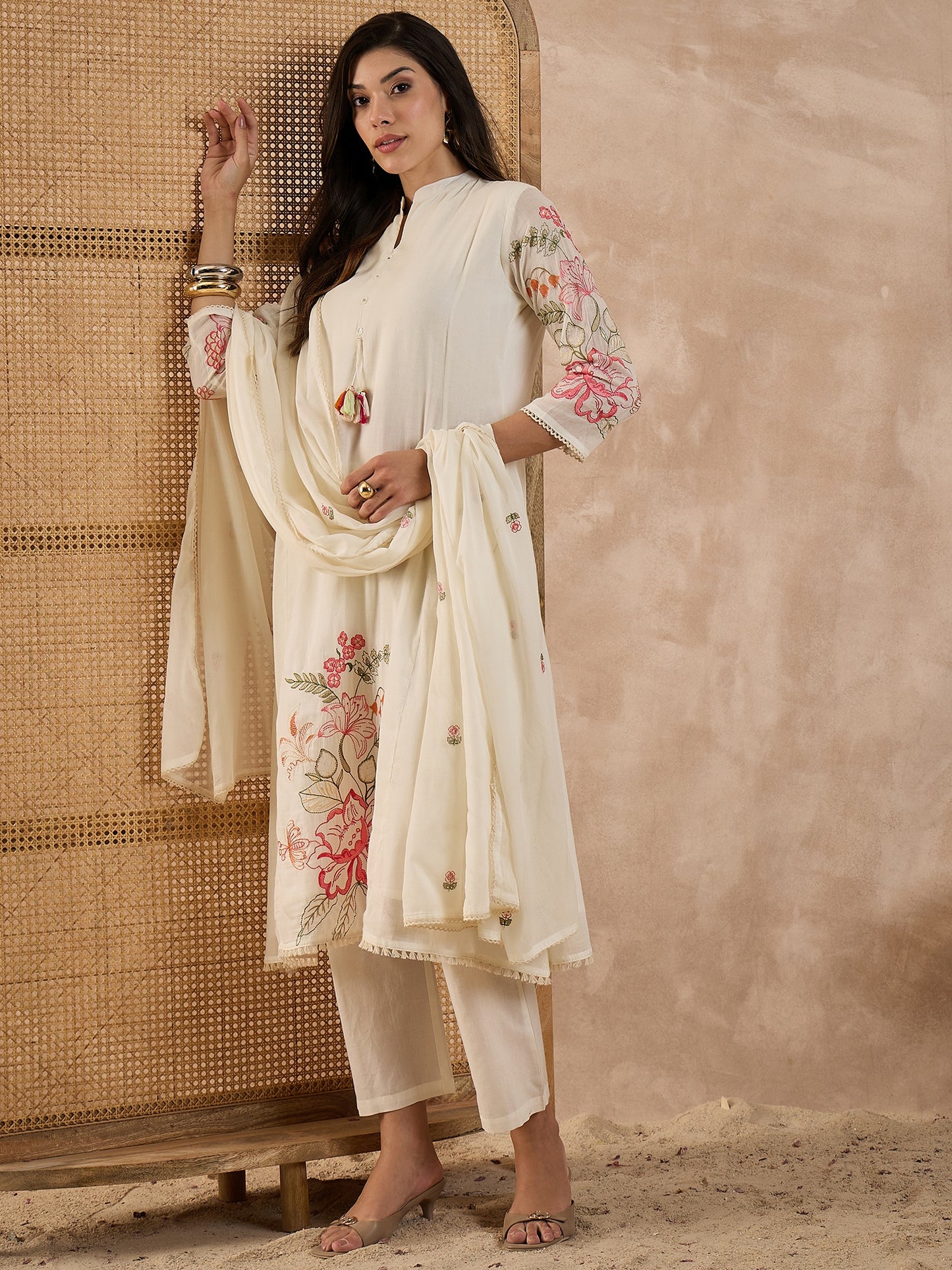 Women Floral Embroidered A-Line Kurta with Trousers & Dupatta