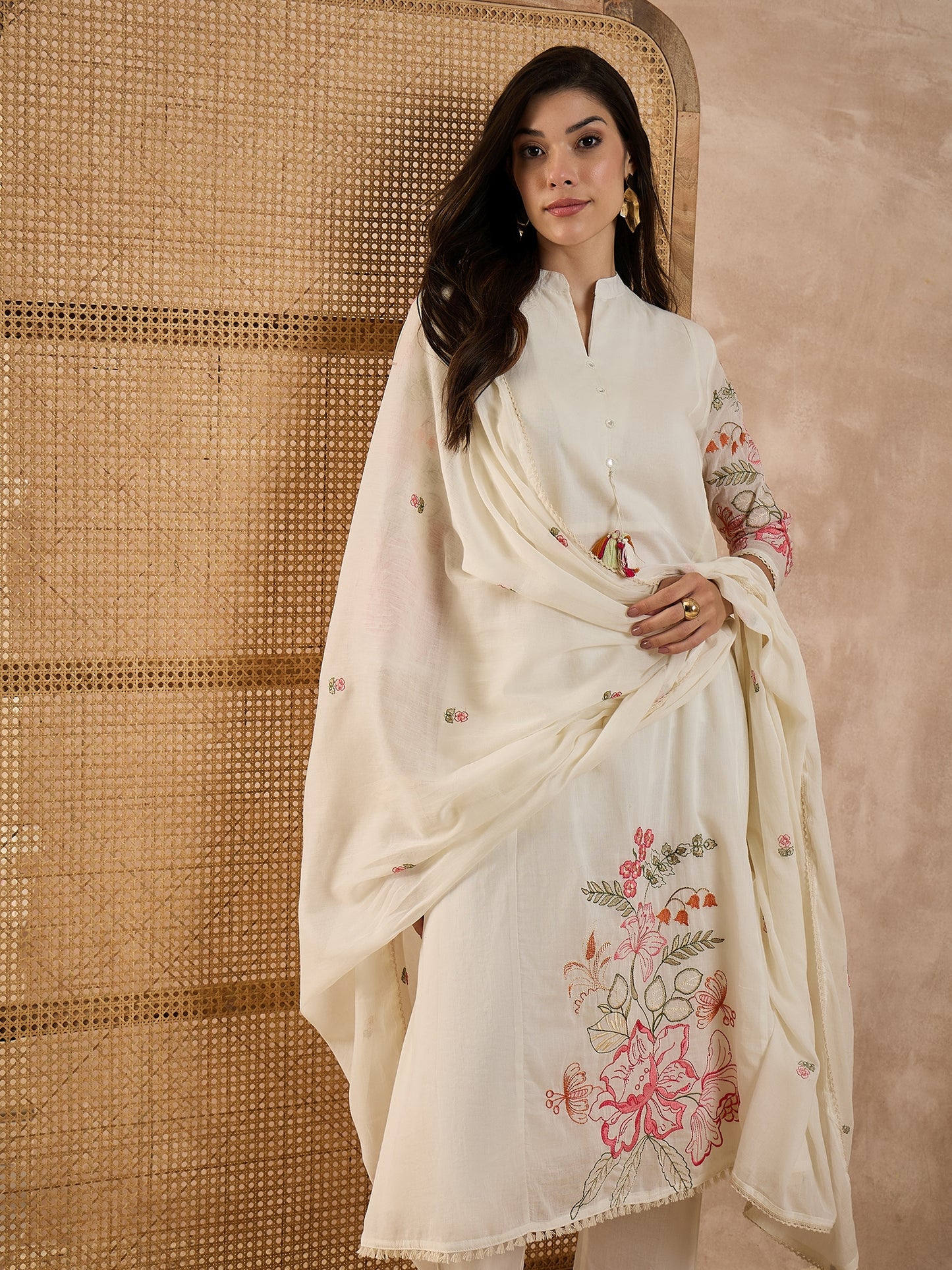 Women Floral Embroidered A-Line Kurta with Trousers & Dupatta
