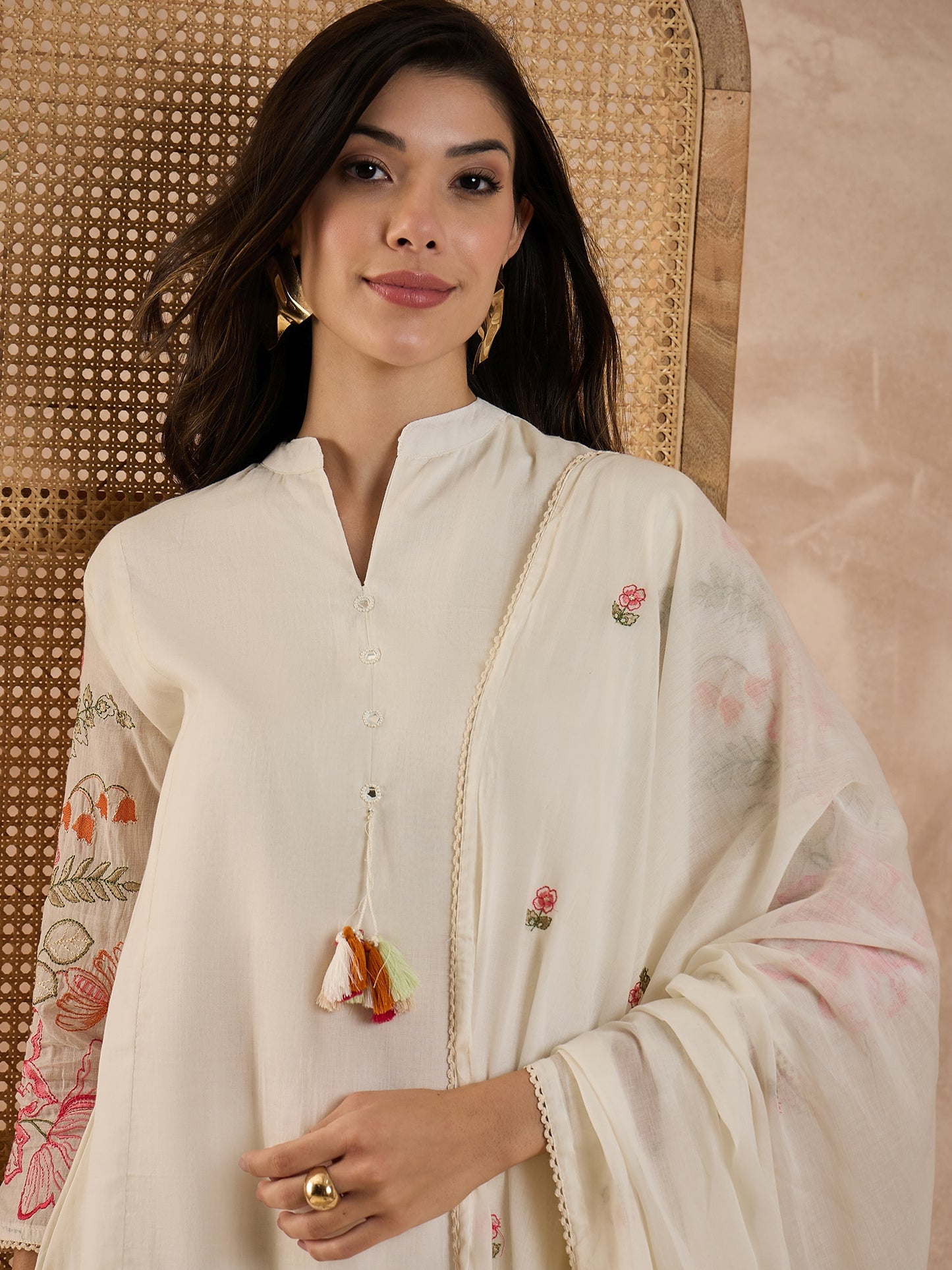 Women Floral Embroidered A-Line Kurta with Trousers & Dupatta