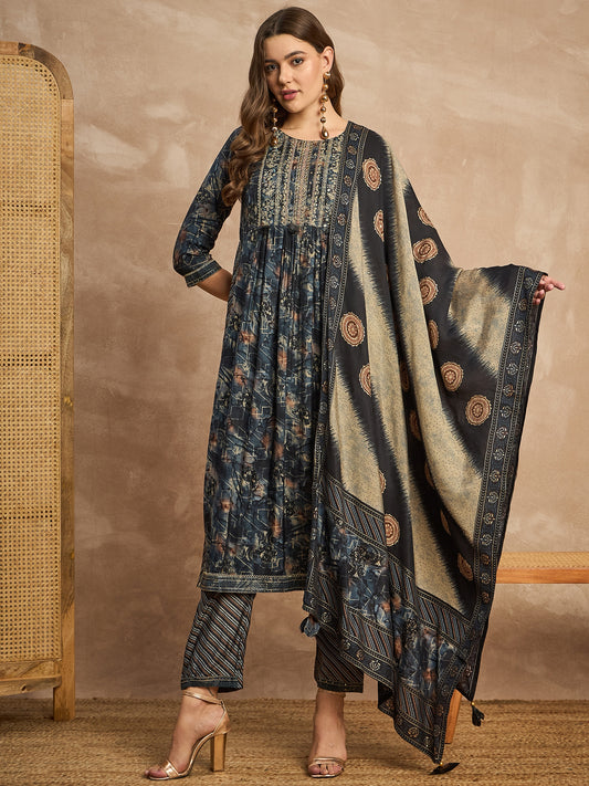 Women Floral Printed High Slit Thread Work Straight Kurta with Trousers & Dupatta