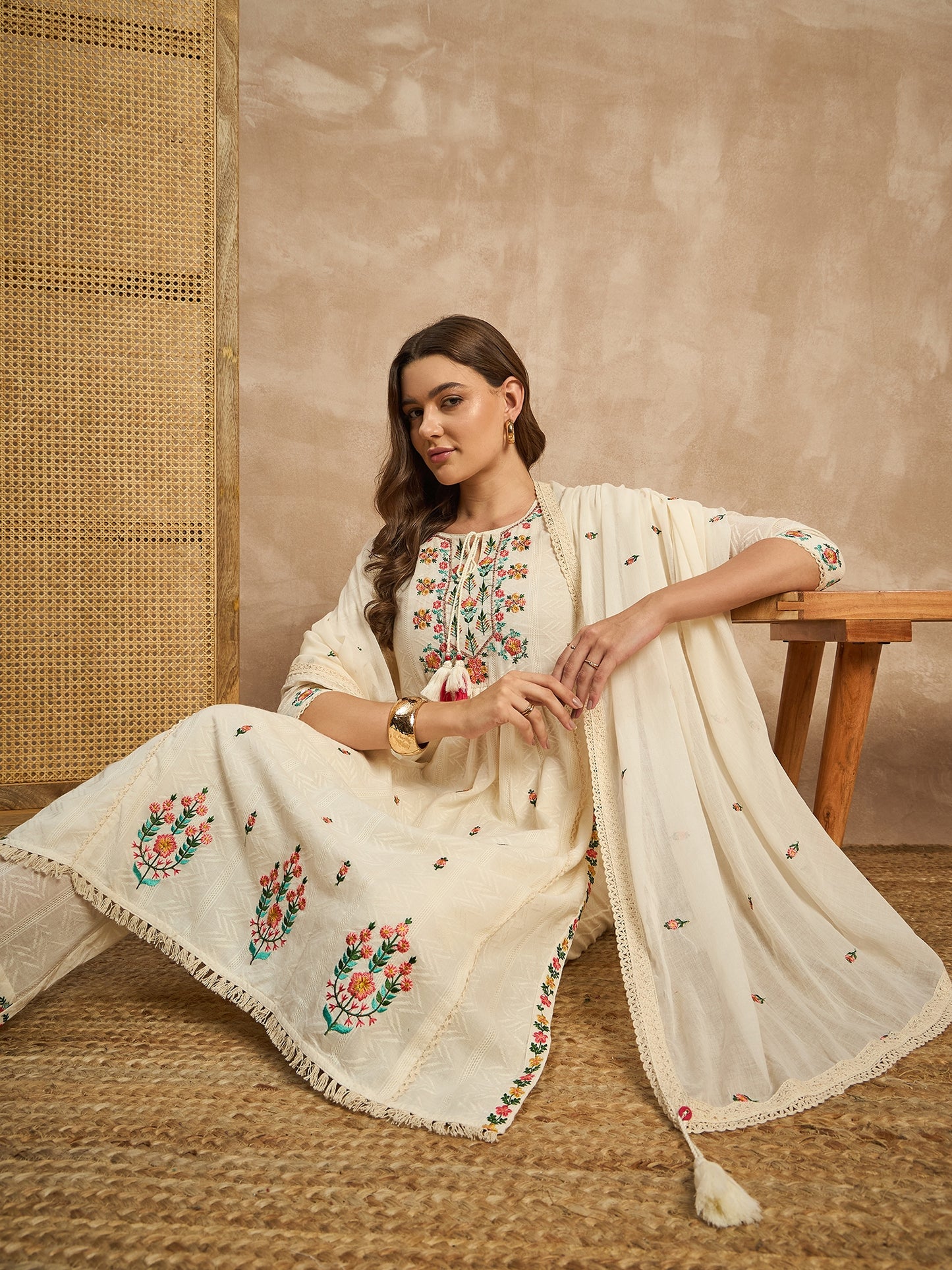 Women Ethnic Motifs Embroidered Regular Thread Work Kurta with Trousers & With Dupatta