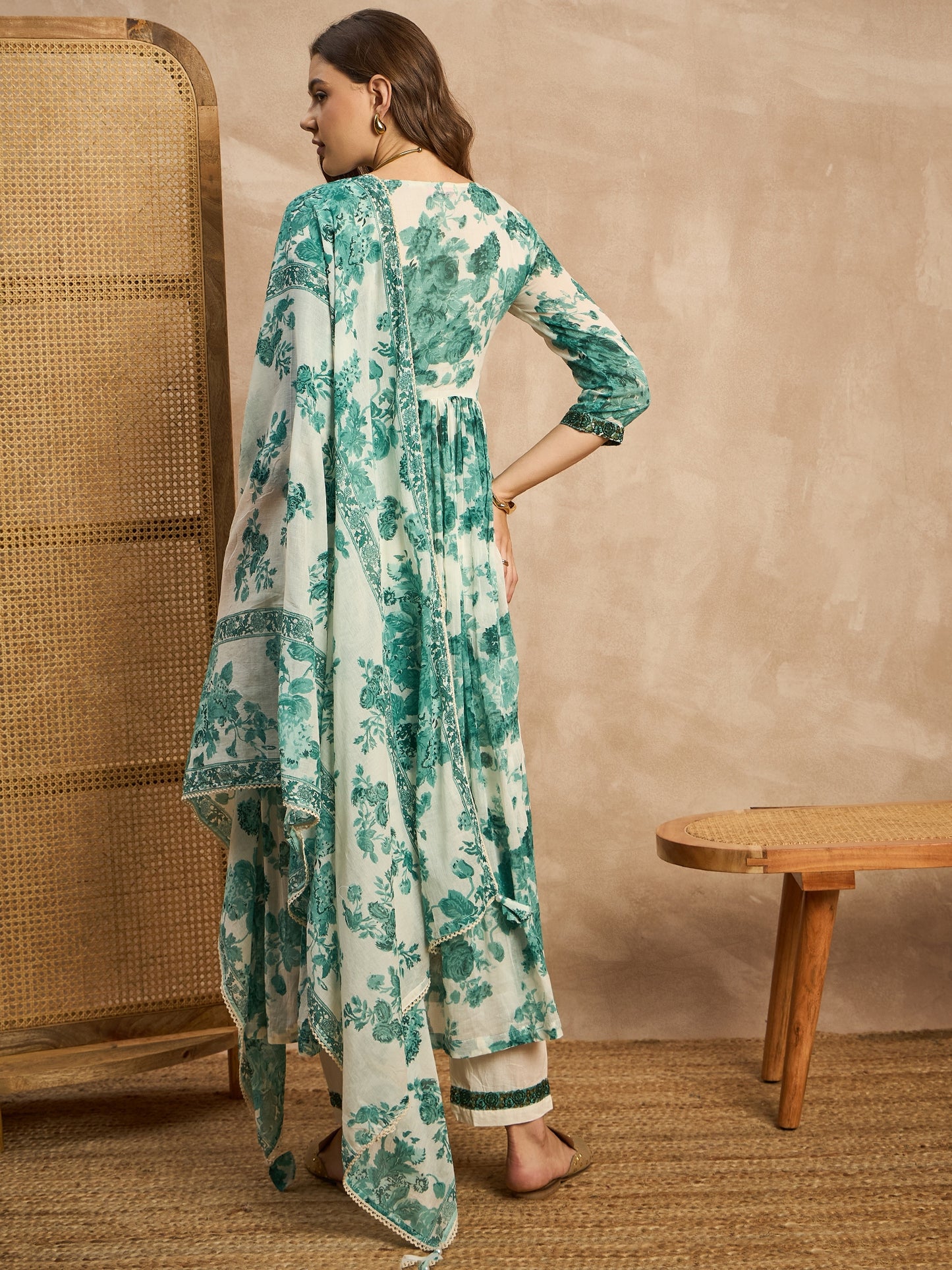 Floral Printed V-Neck Thread Work Empire Anarkali Kurta With Trousers & Dupatta