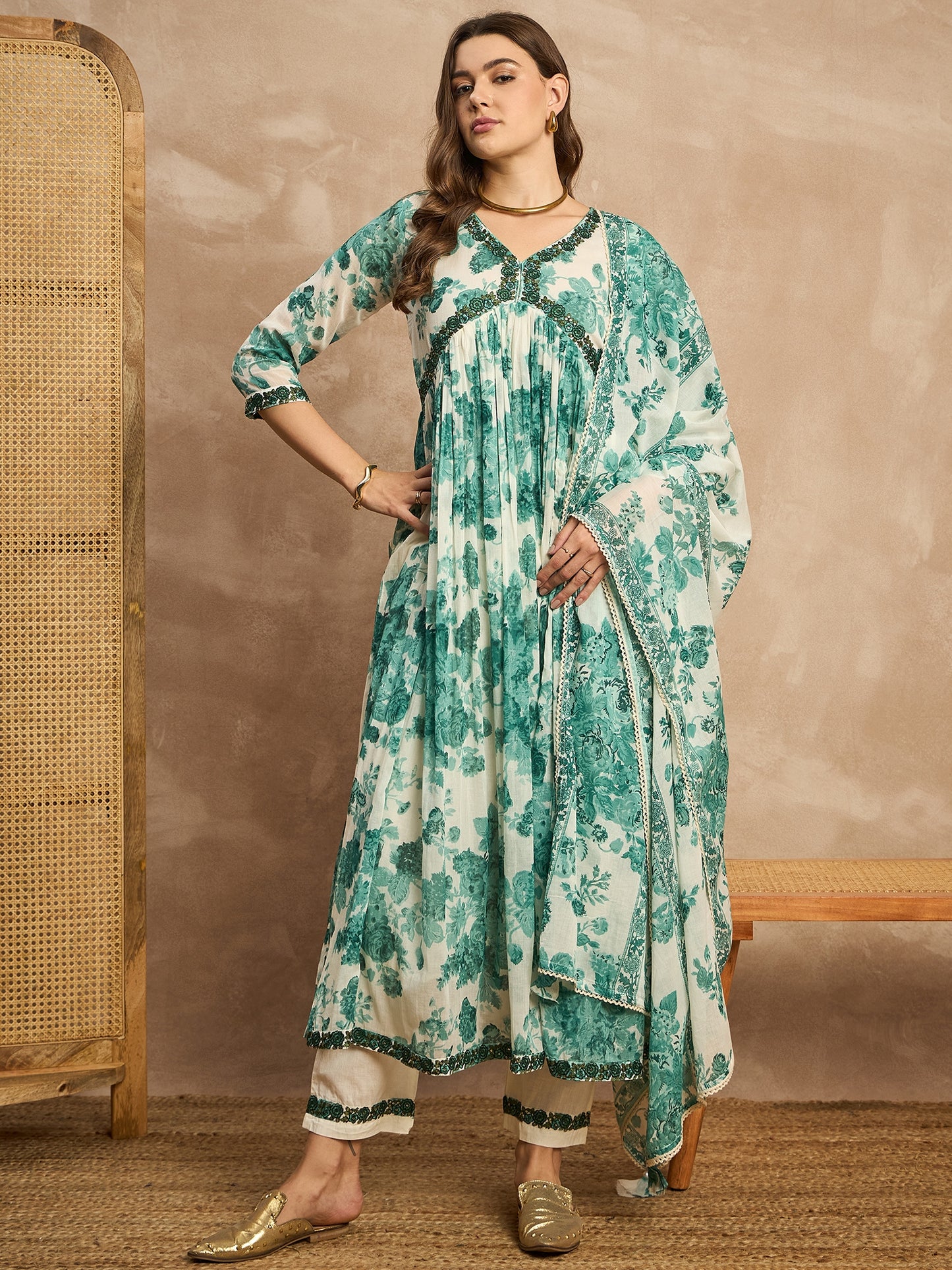 Floral Printed V-Neck Thread Work Empire Anarkali Kurta With Trousers & Dupatta