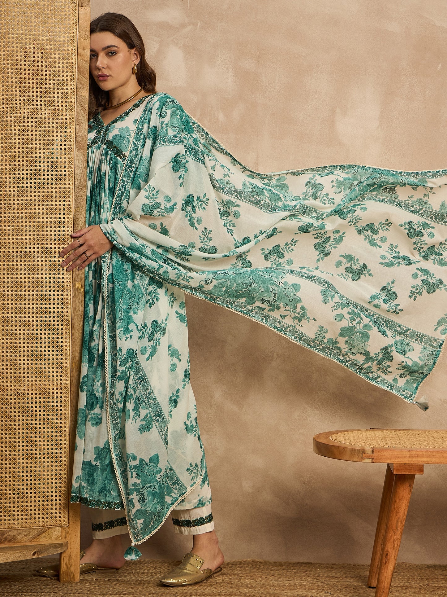 Floral Printed V-Neck Thread Work Empire Anarkali Kurta With Trousers & Dupatta