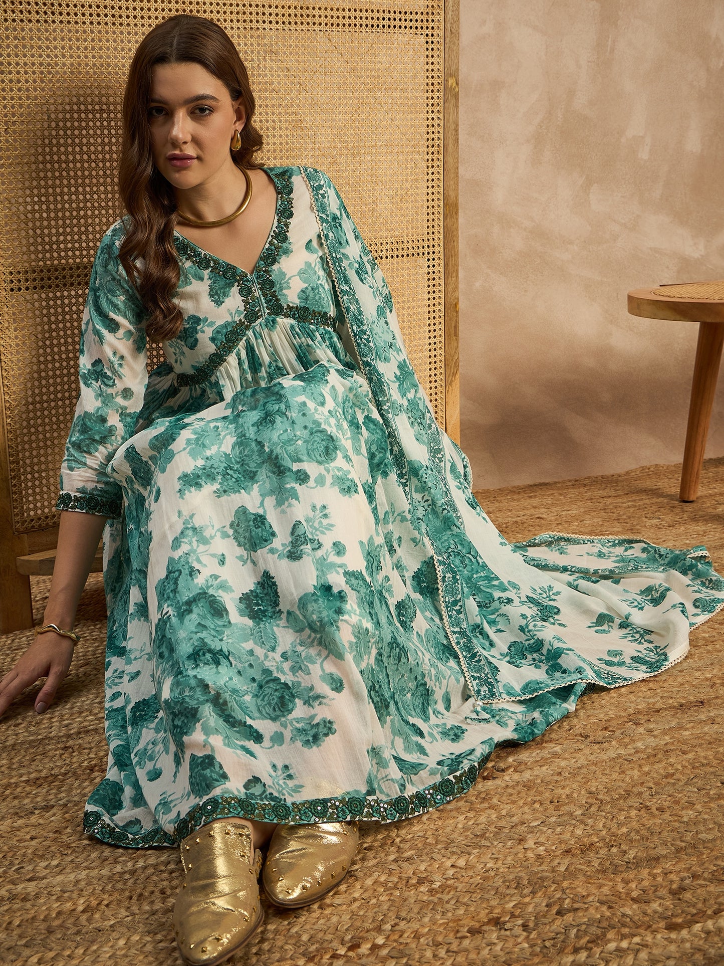 Floral Printed V-Neck Thread Work Empire Anarkali Kurta With Trousers & Dupatta