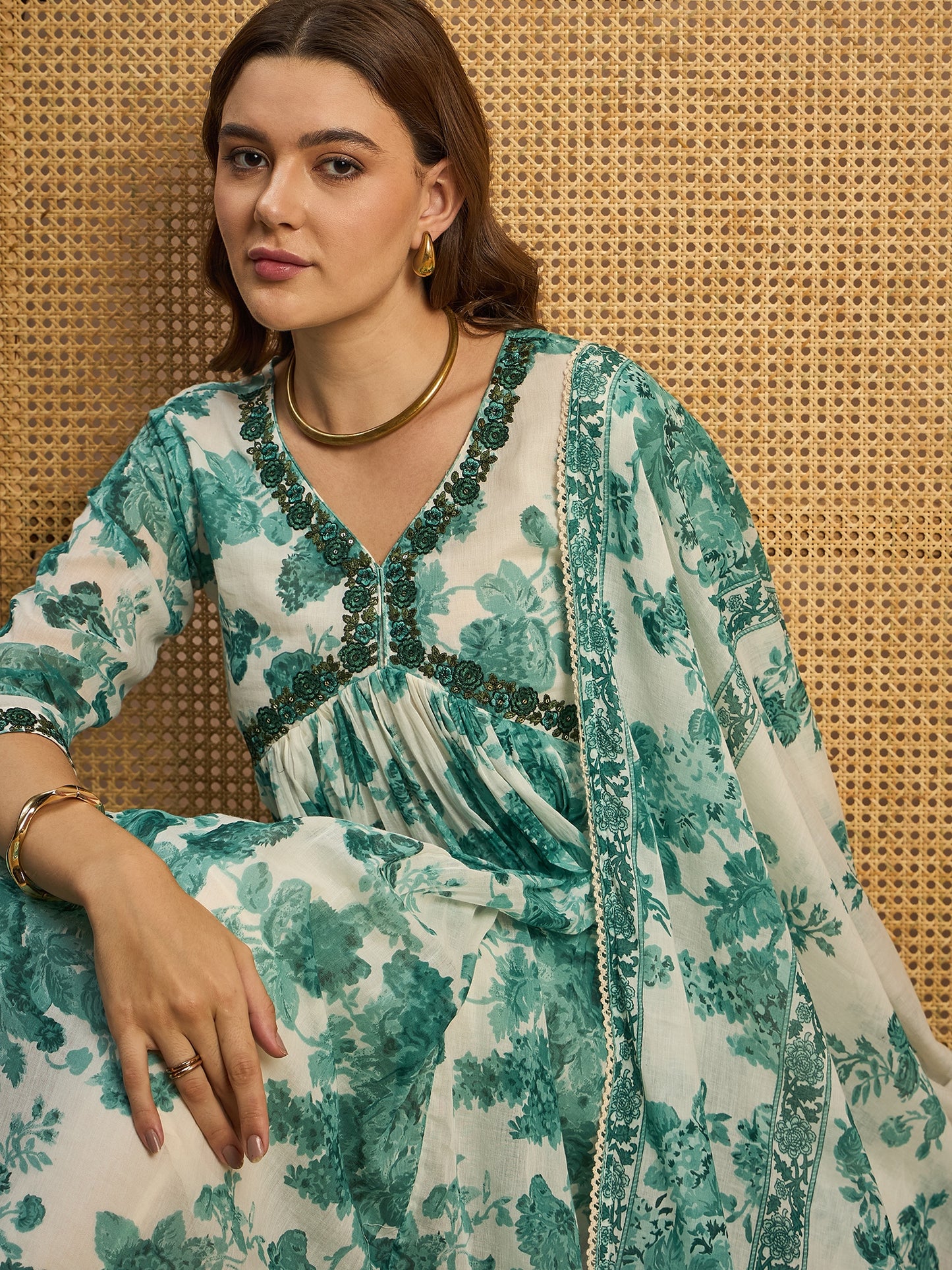 Floral Printed V-Neck Thread Work Empire Anarkali Kurta With Trousers & Dupatta