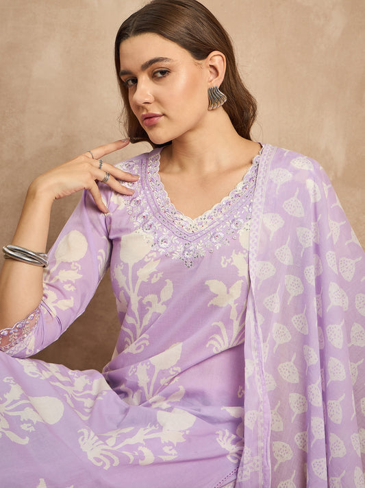 Women Floral Printed Sequinned Pure Cotton Straight Kurta with Trousers & Dupatta