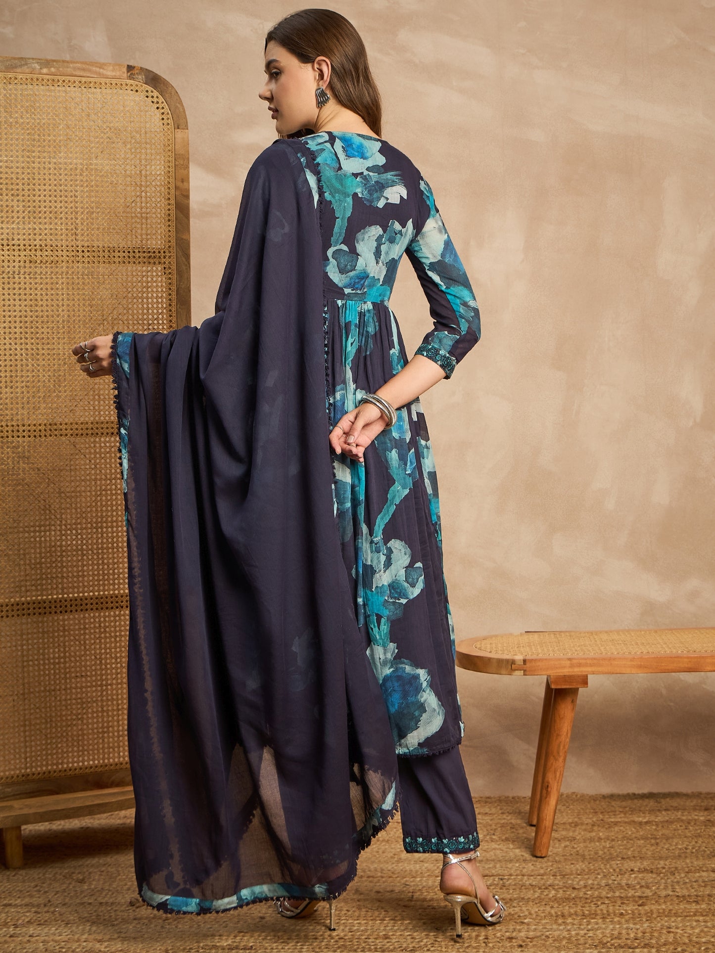 Women Abstract Printed Beads and Stones Anarkali Kurta with Trousers & Dupatta