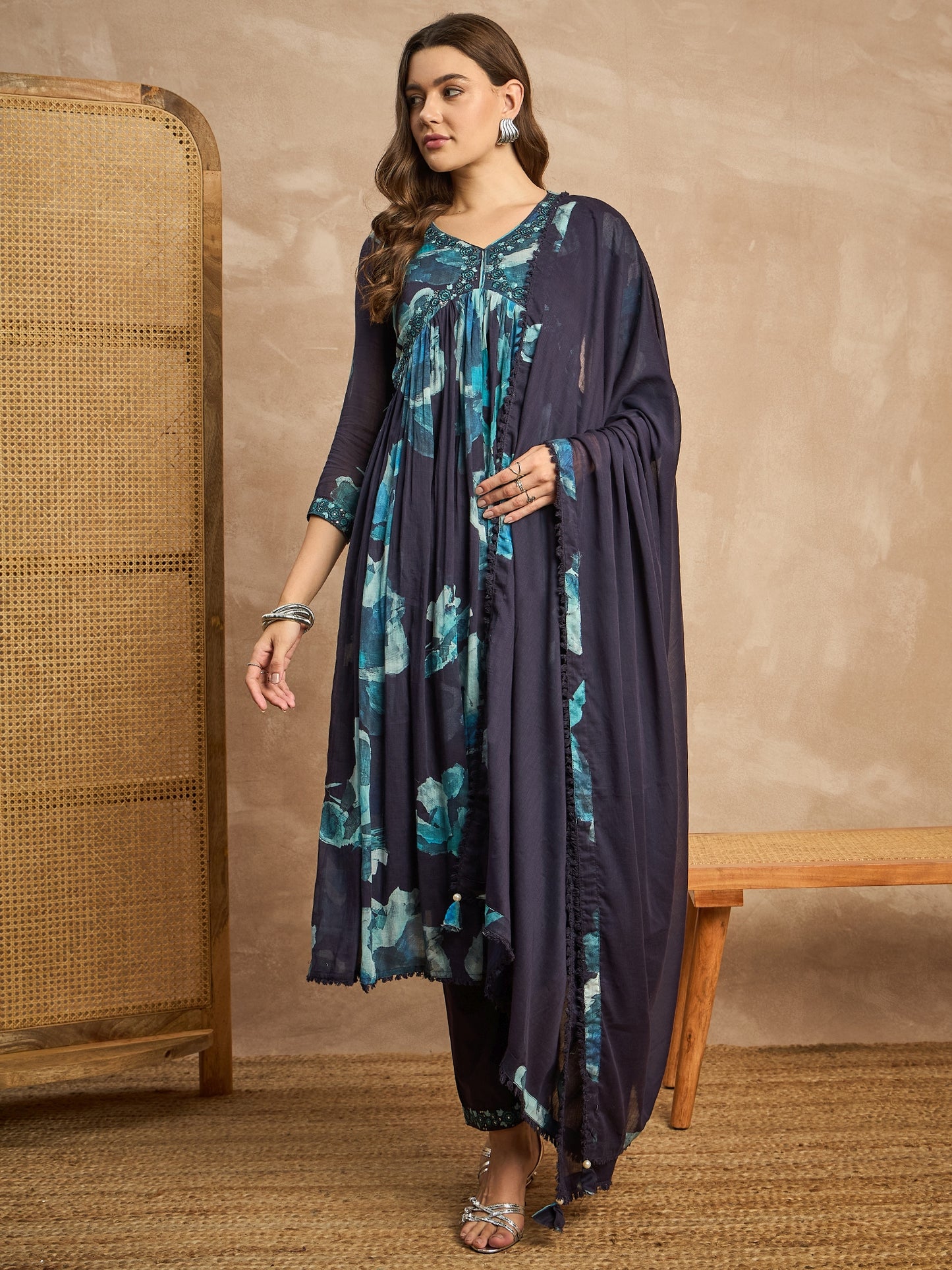 Women Abstract Printed Beads and Stones Anarkali Kurta with Trousers & Dupatta