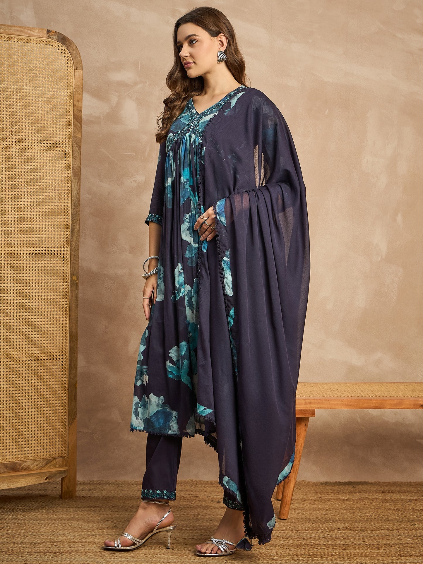 Women Abstract Printed Beads and Stones Anarkali Kurta with Trousers & Dupatta
