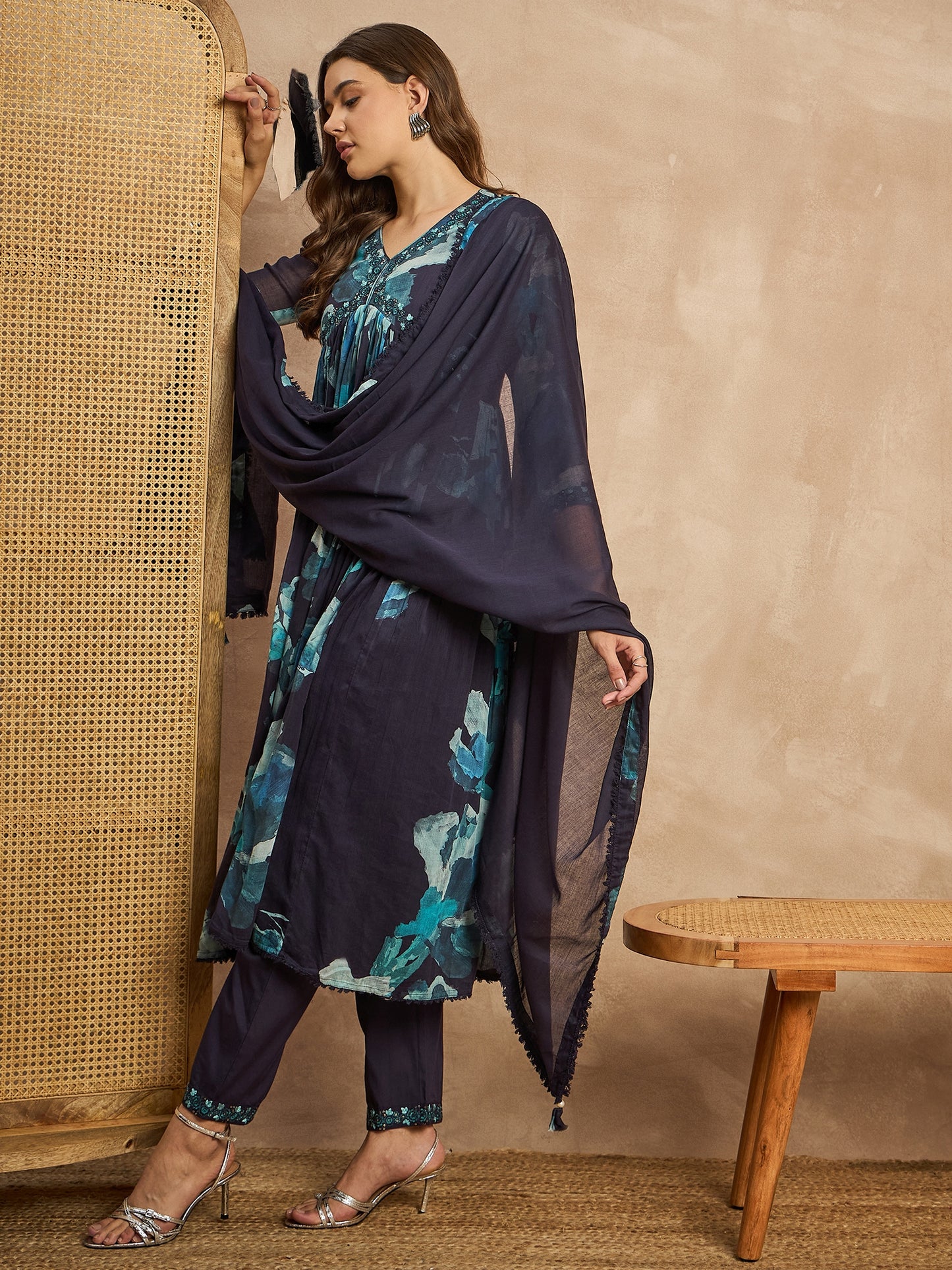 Women Abstract Printed Beads and Stones Anarkali Kurta with Trousers & Dupatta