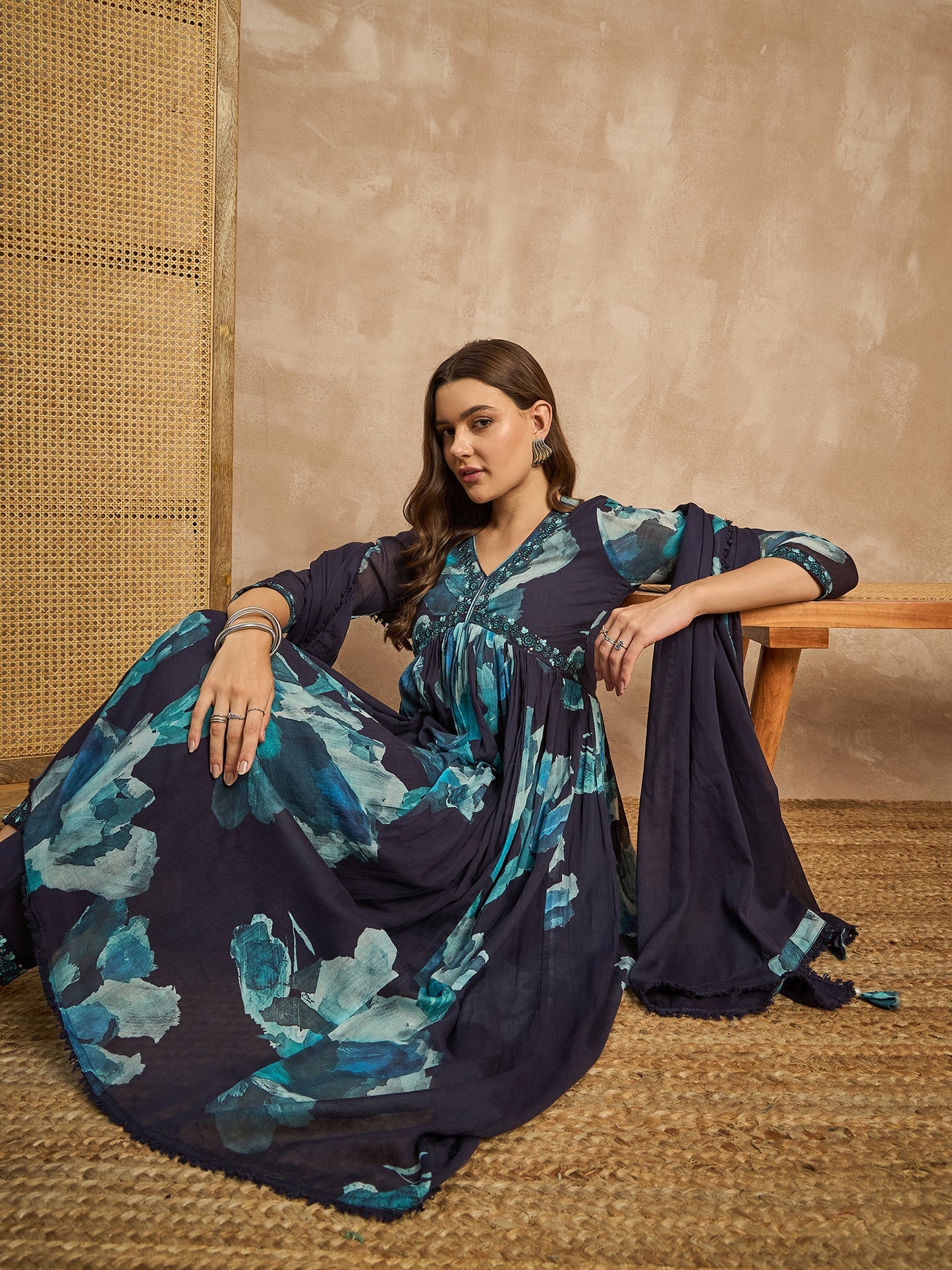 Women Abstract Printed Beads and Stones Anarkali Kurta with Trousers & Dupatta