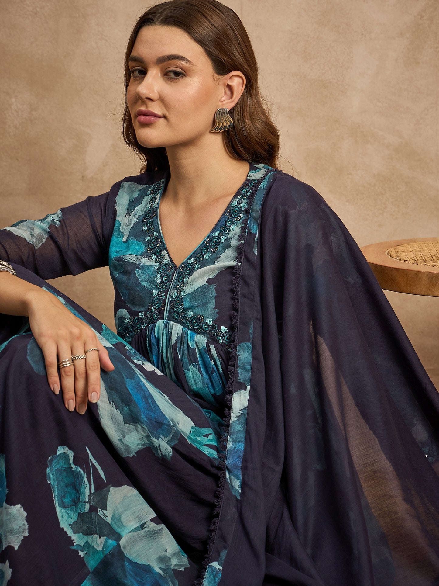 Women Abstract Printed Beads and Stones Anarkali Kurta with Trousers & Dupatta