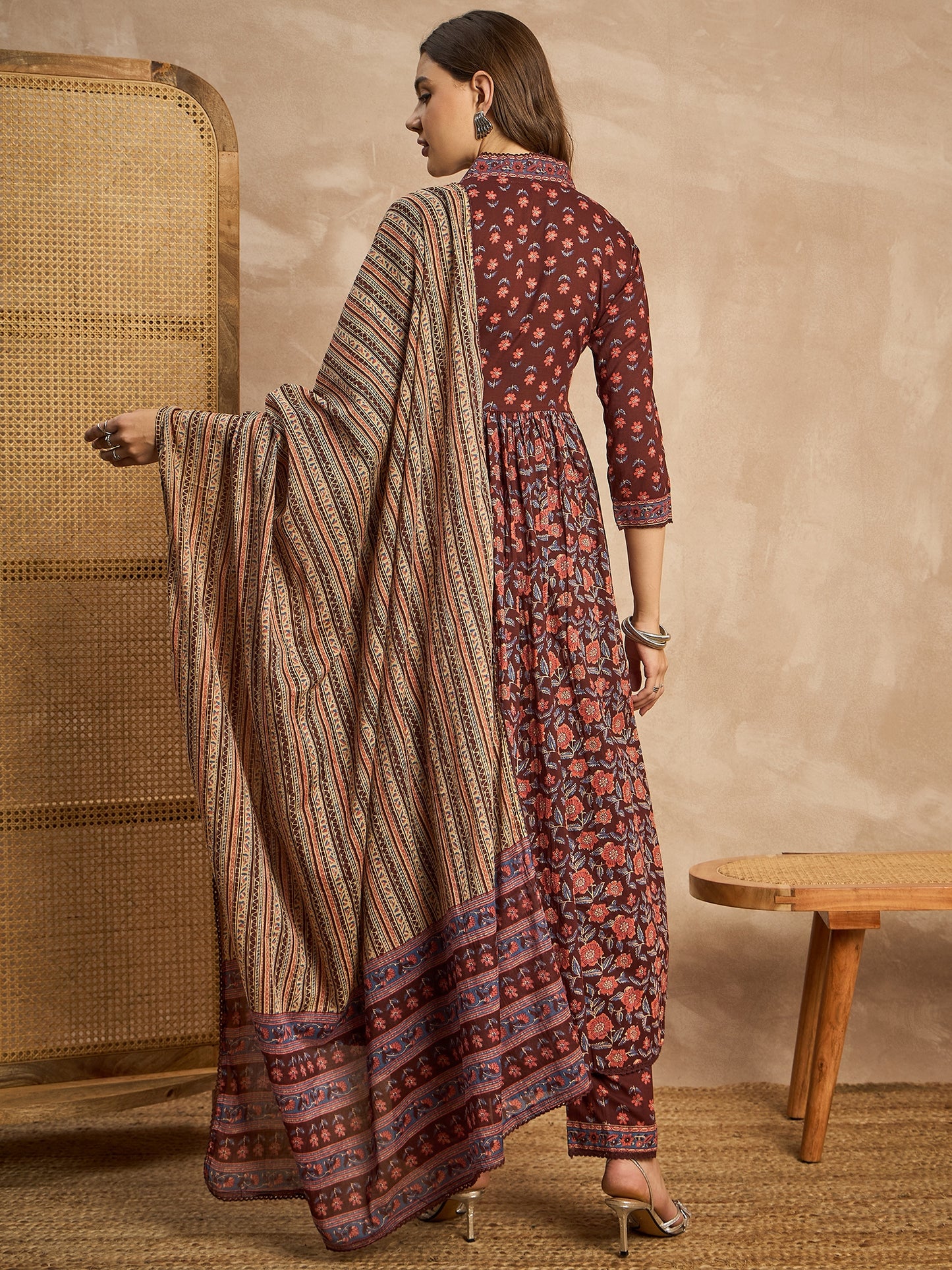 Floral Printed Square Neck Sequinned Empire Anarkali Kurta with Trouser & Dupatta