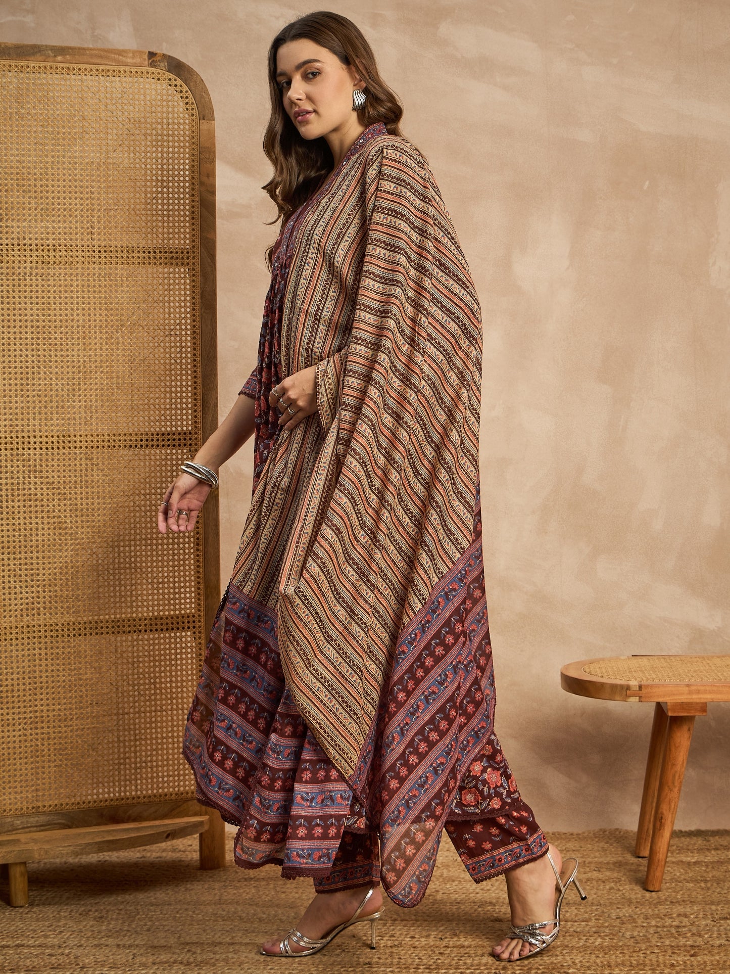 Floral Printed Square Neck Sequinned Empire Anarkali Kurta with Trouser & Dupatta