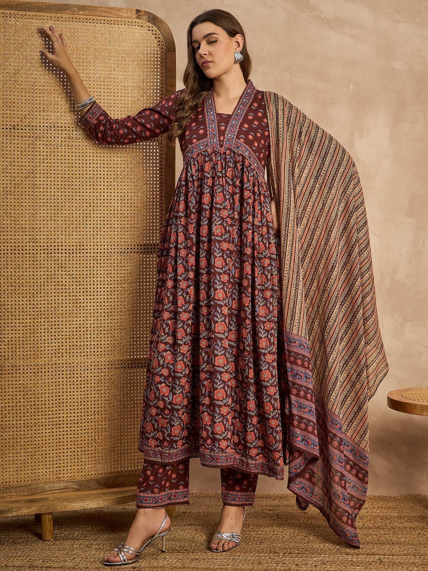 Floral Printed Square Neck Sequinned Empire Anarkali Kurta with Trouser & Dupatta