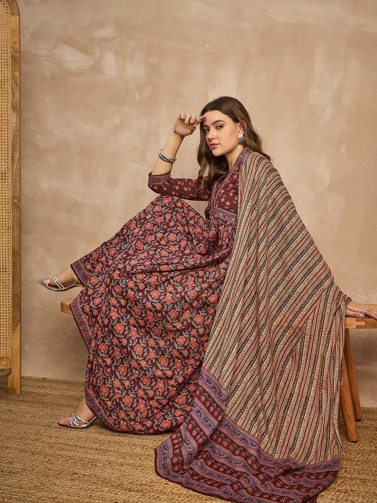Floral Printed Square Neck Sequinned Empire Anarkali Kurta with Trouser & Dupatta