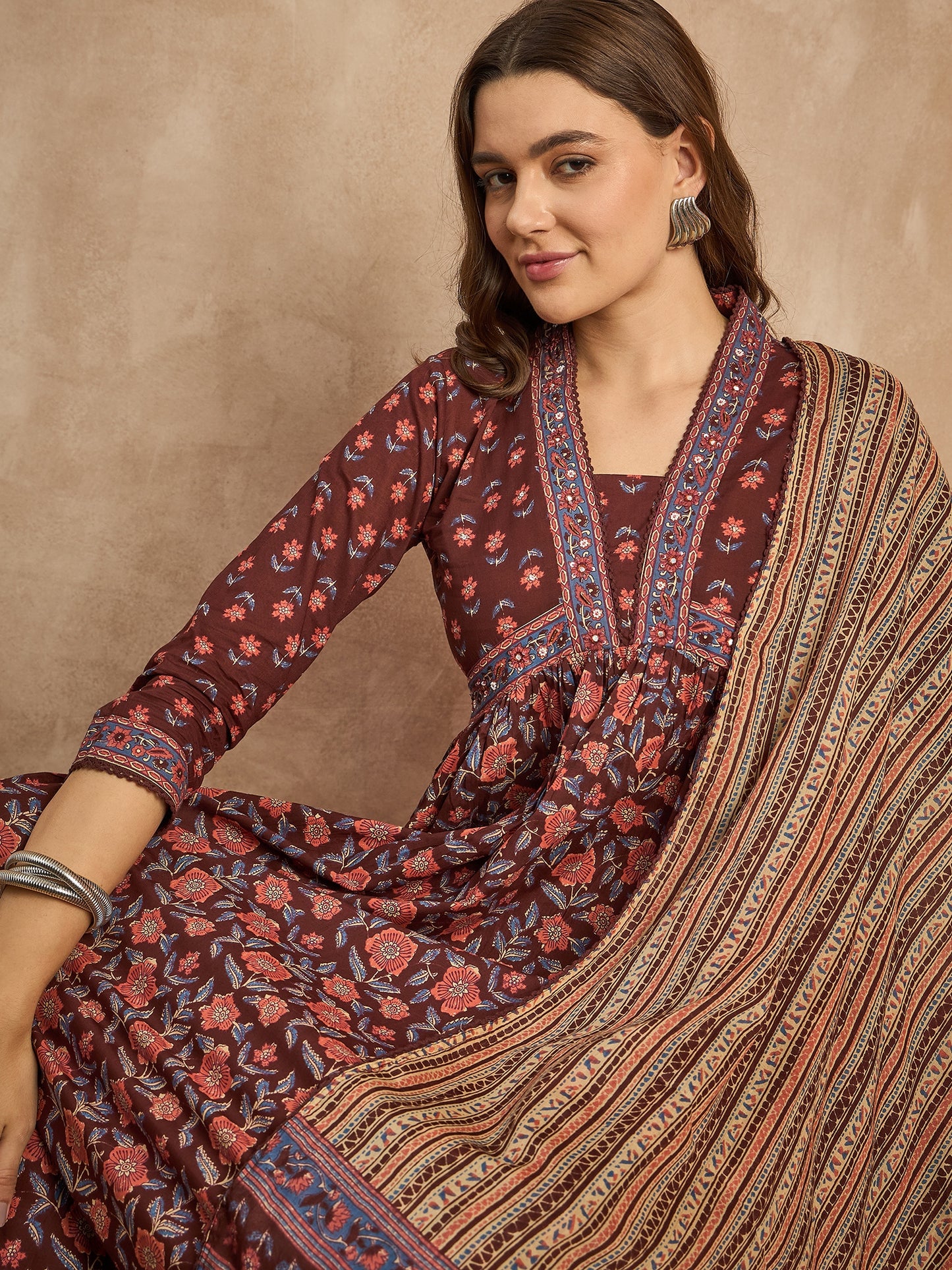 Floral Printed Square Neck Sequinned Empire Anarkali Kurta with Trouser & Dupatta