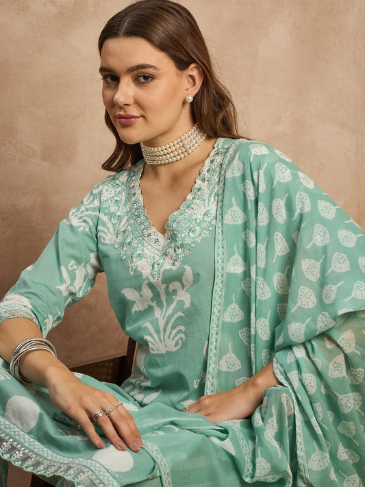 Women Floral Printed Beads and Stones Pure Cotton Kurta with Trousers & Dupatta