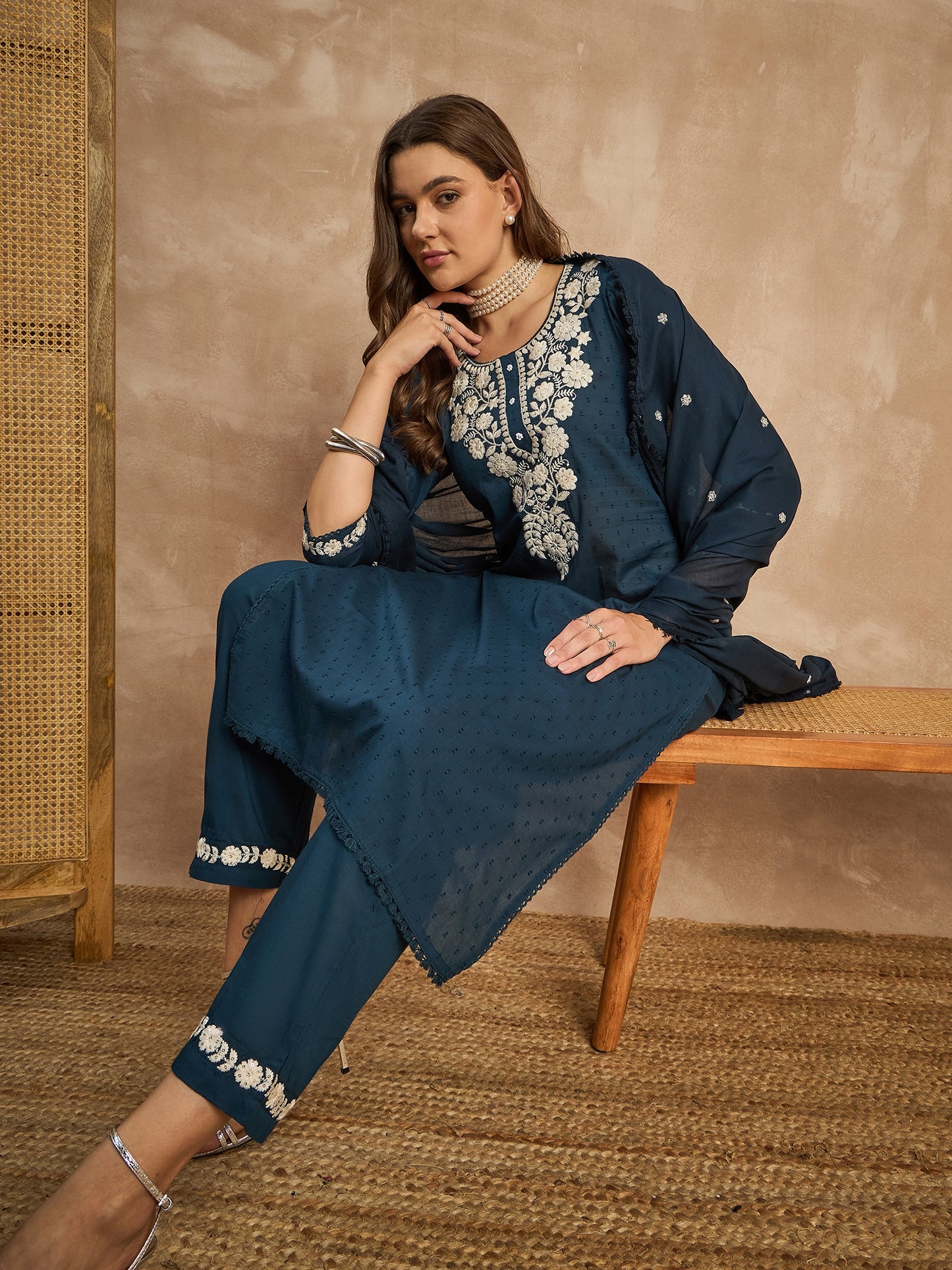 Women Yoke Design Thread Work Pure Cotton Dobby Weave Kurta With Trousers & Dupatta