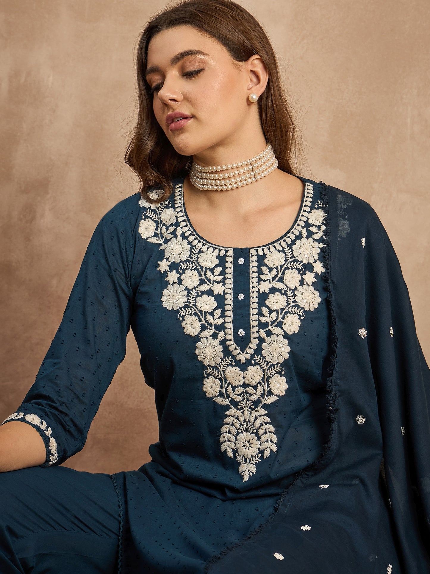 Women Yoke Design Thread Work Pure Cotton Dobby Weave Kurta With Trousers & Dupatta