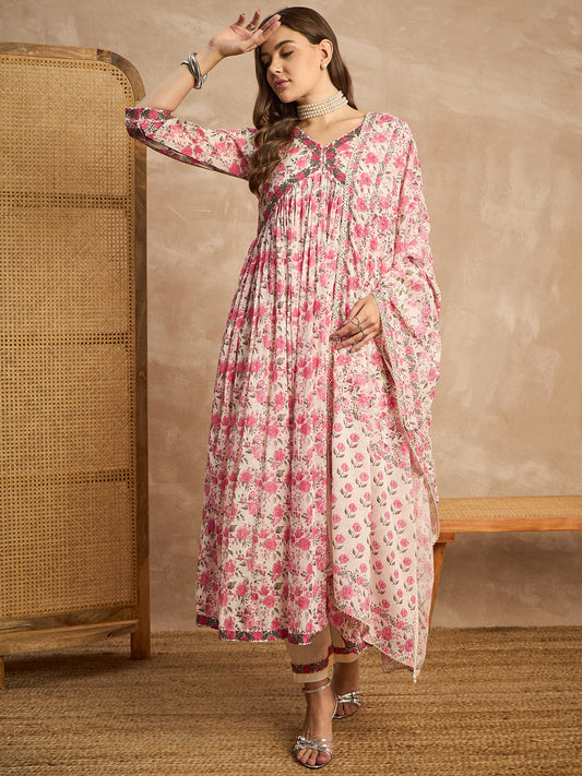 Women Floral Printed Empire Sequinned Kurta with Trousers & With Dupatta