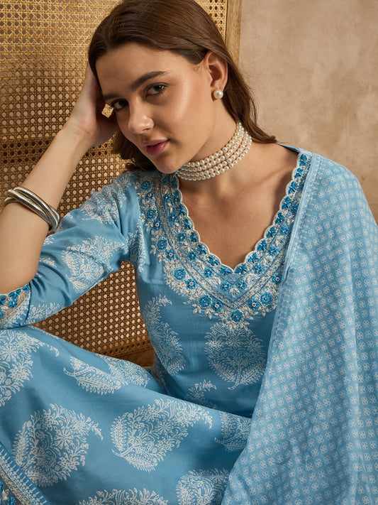 Women Floral Printed Thread Work Pure Cotton Straight Kurta with Trousers & Dupatta