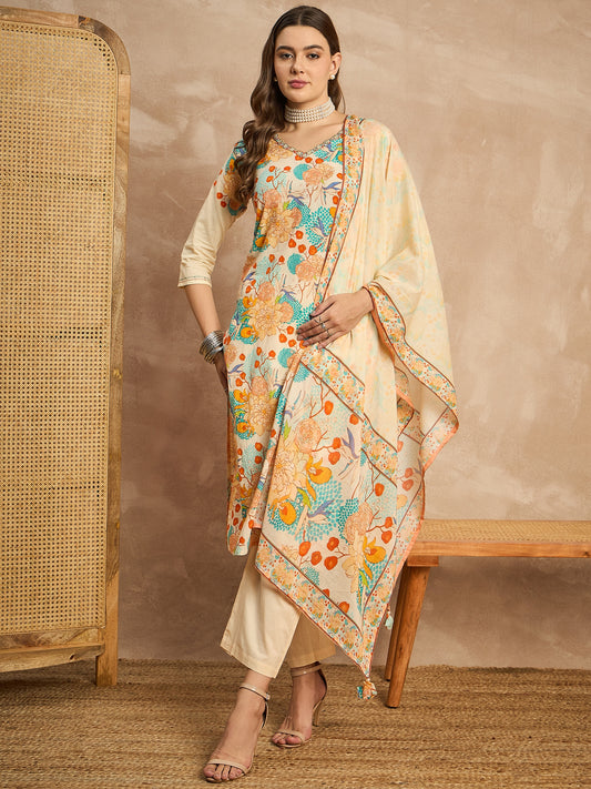 Women Floral Printed Beads and Stones Pure Cotton Kurta with Trousers & Dupatta