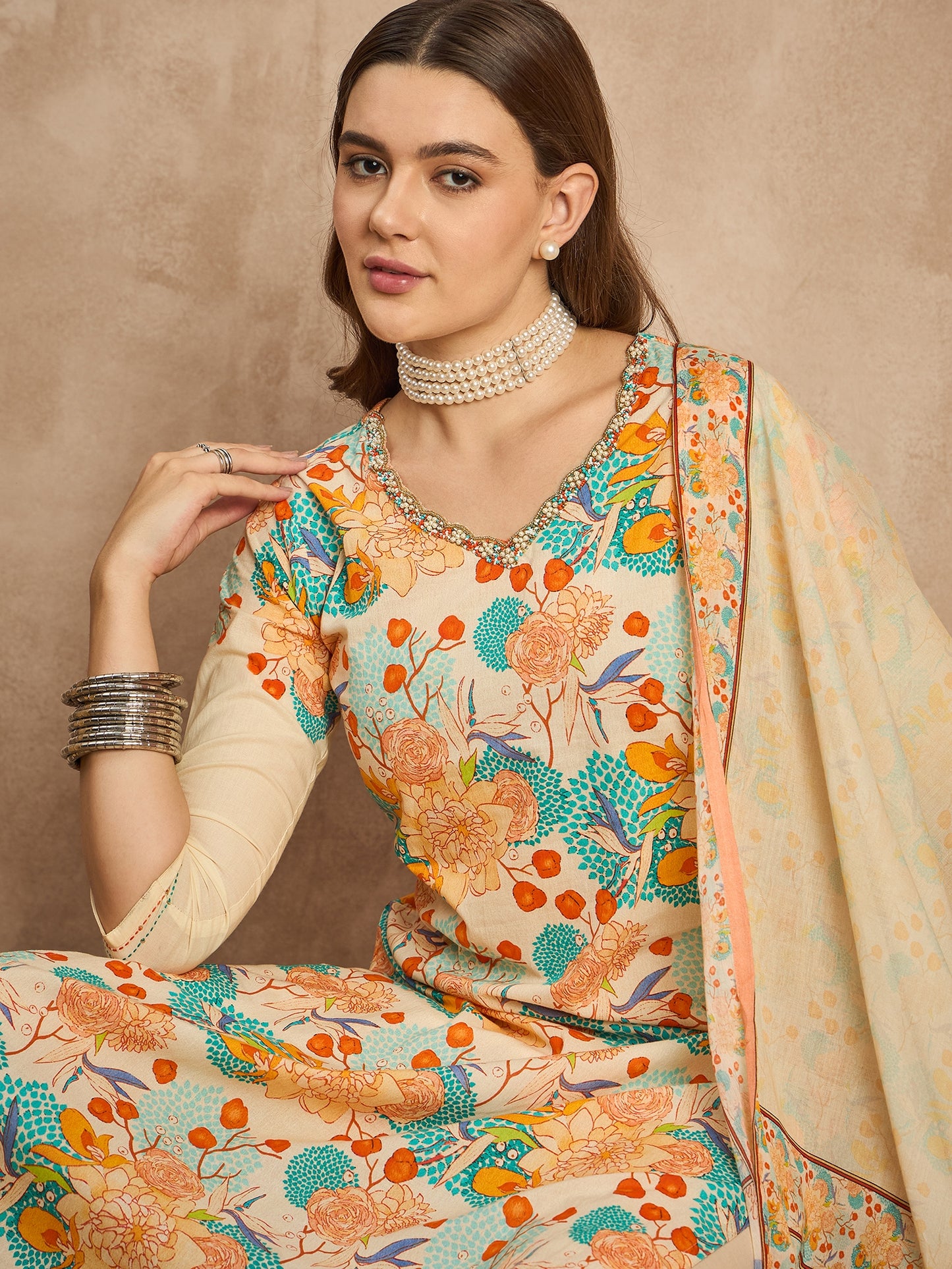 Women Floral Printed Beads and Stones Pure Cotton Kurta with Trousers & Dupatta