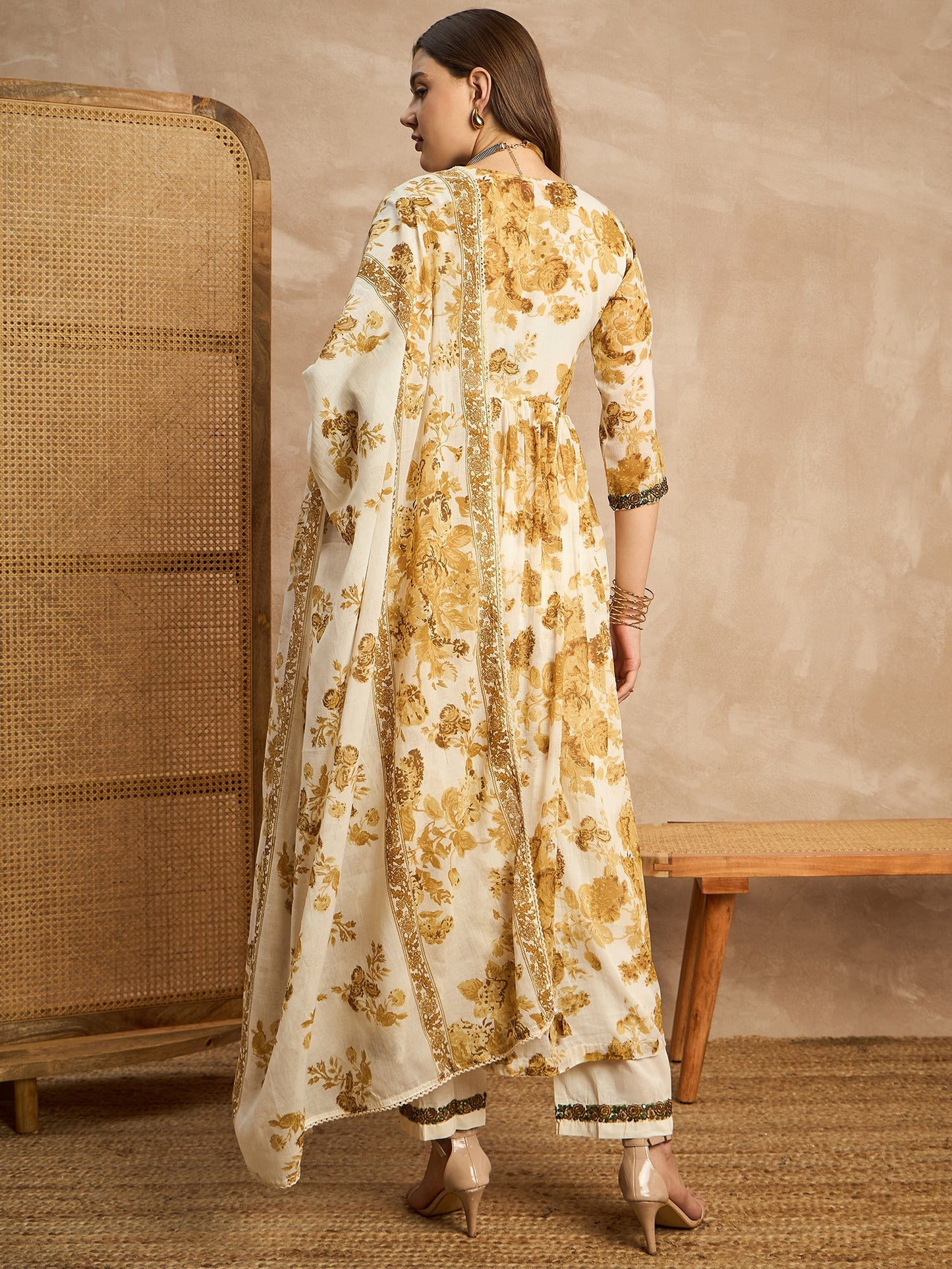 Floral Printed Empire Sequinned Anarkali Kurta with Trousers & Dupatta