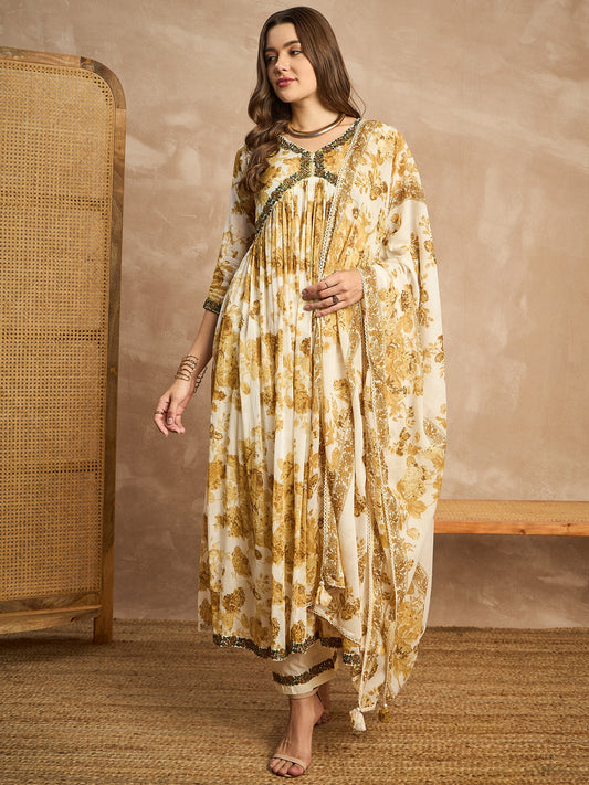Floral Printed Empire Sequinned Anarkali Kurta with Trousers & Dupatta