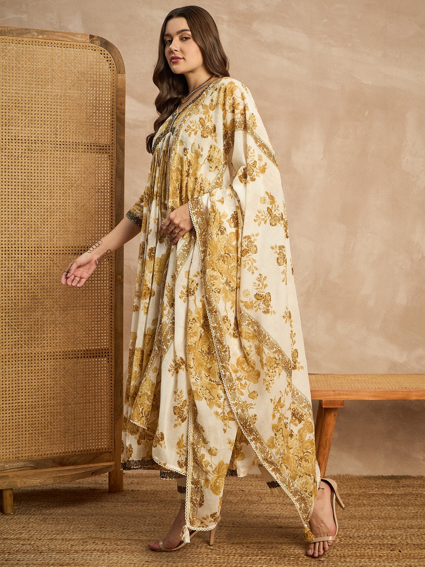 Floral Printed Empire Sequinned Anarkali Kurta with Trousers & Dupatta