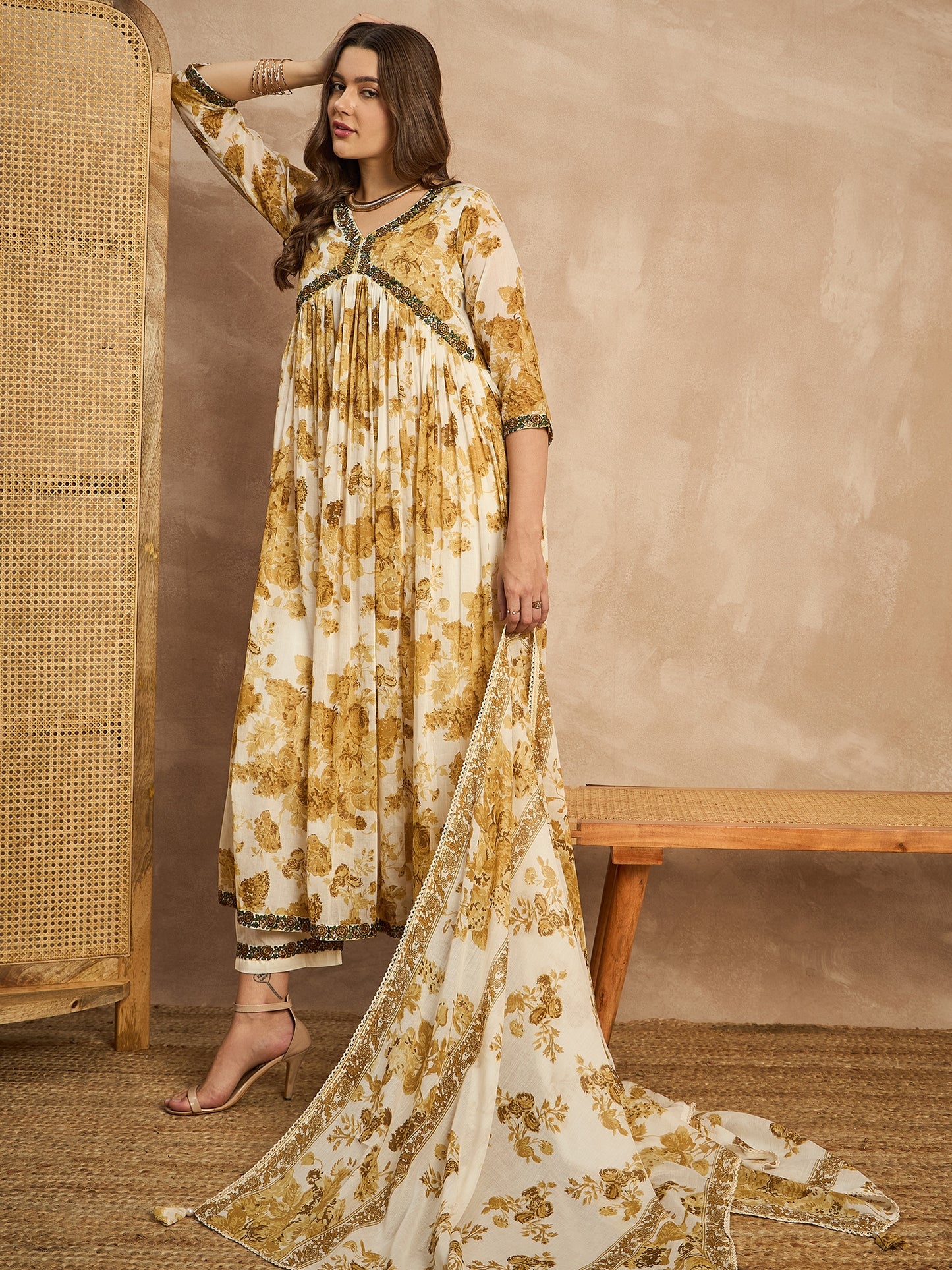 Floral Printed Empire Sequinned Anarkali Kurta with Trousers & Dupatta