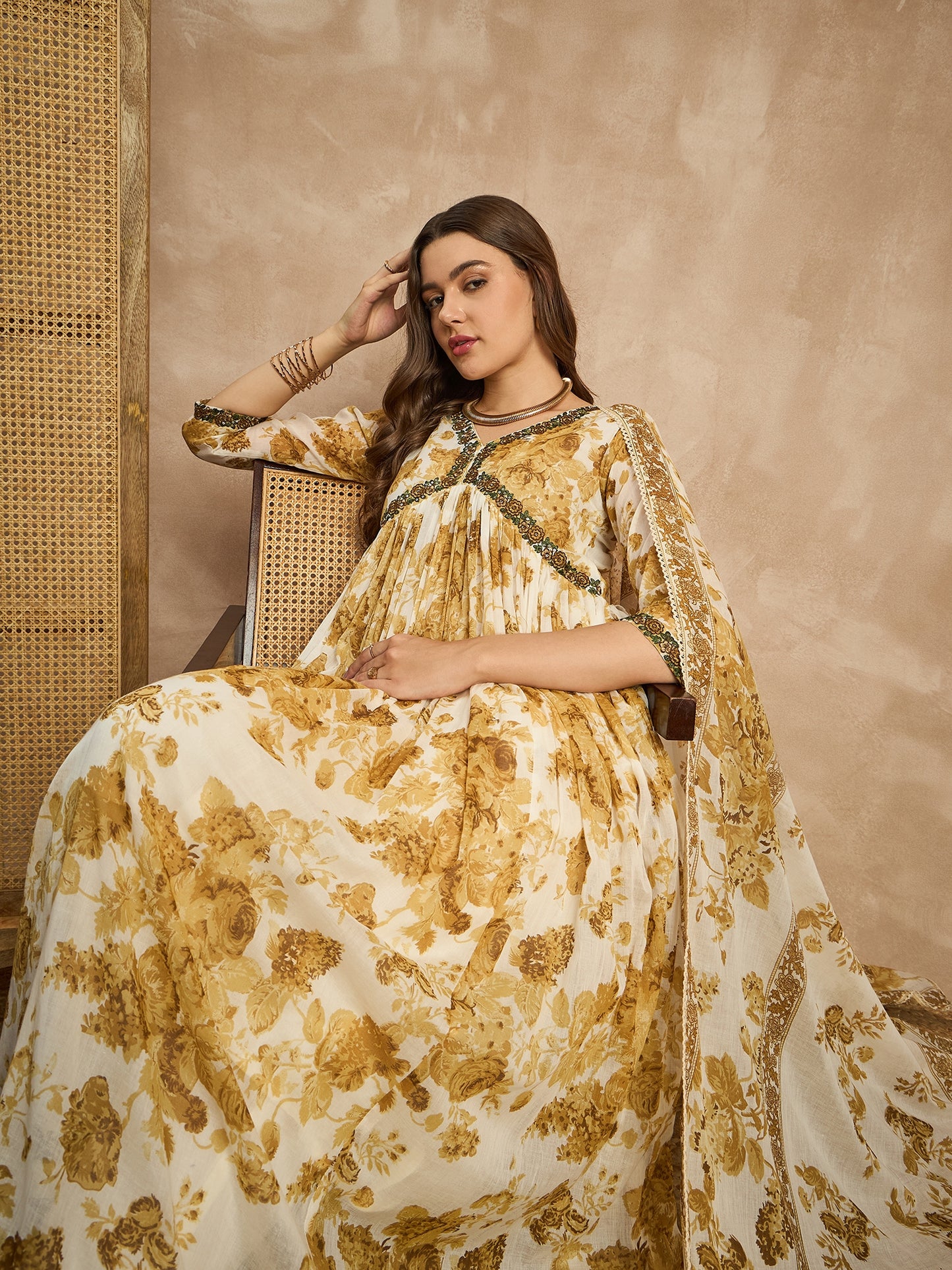 Floral Printed Empire Sequinned Anarkali Kurta with Trousers & Dupatta