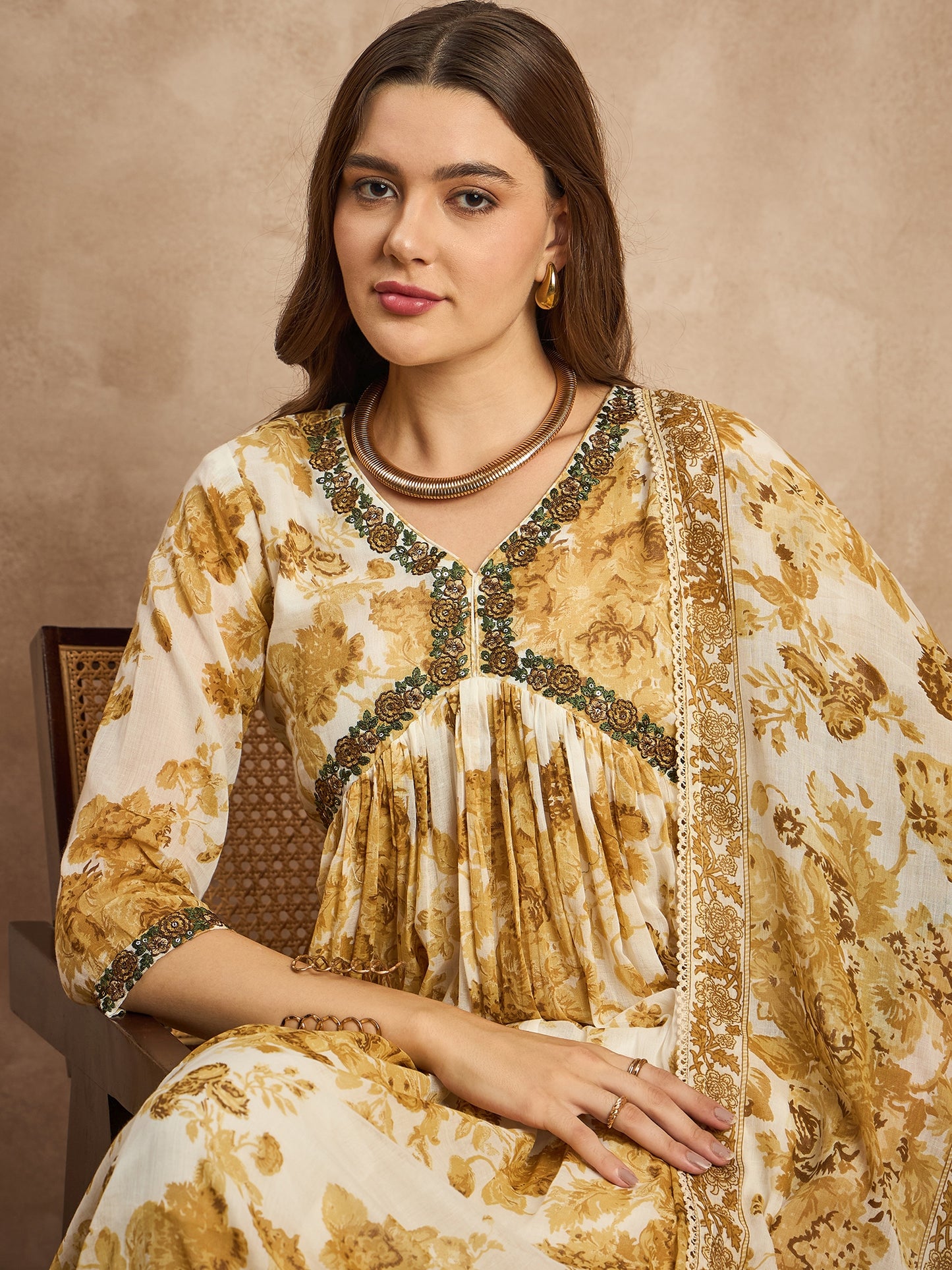Floral Printed Empire Sequinned Anarkali Kurta with Trousers & Dupatta