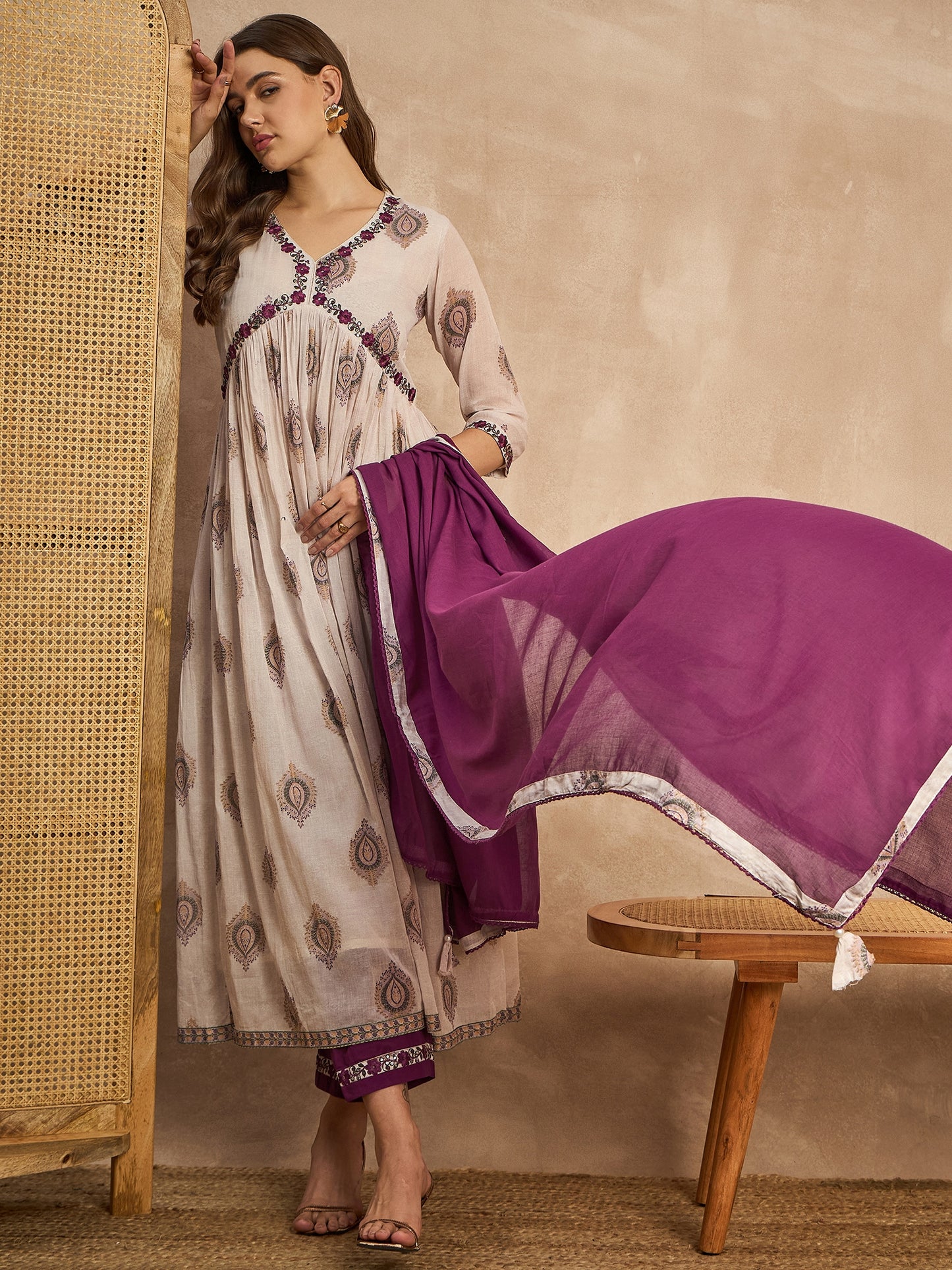 Women Ethnic Motifs Printed Thread Work Anarkali Kurta with Trousers & Dupatta