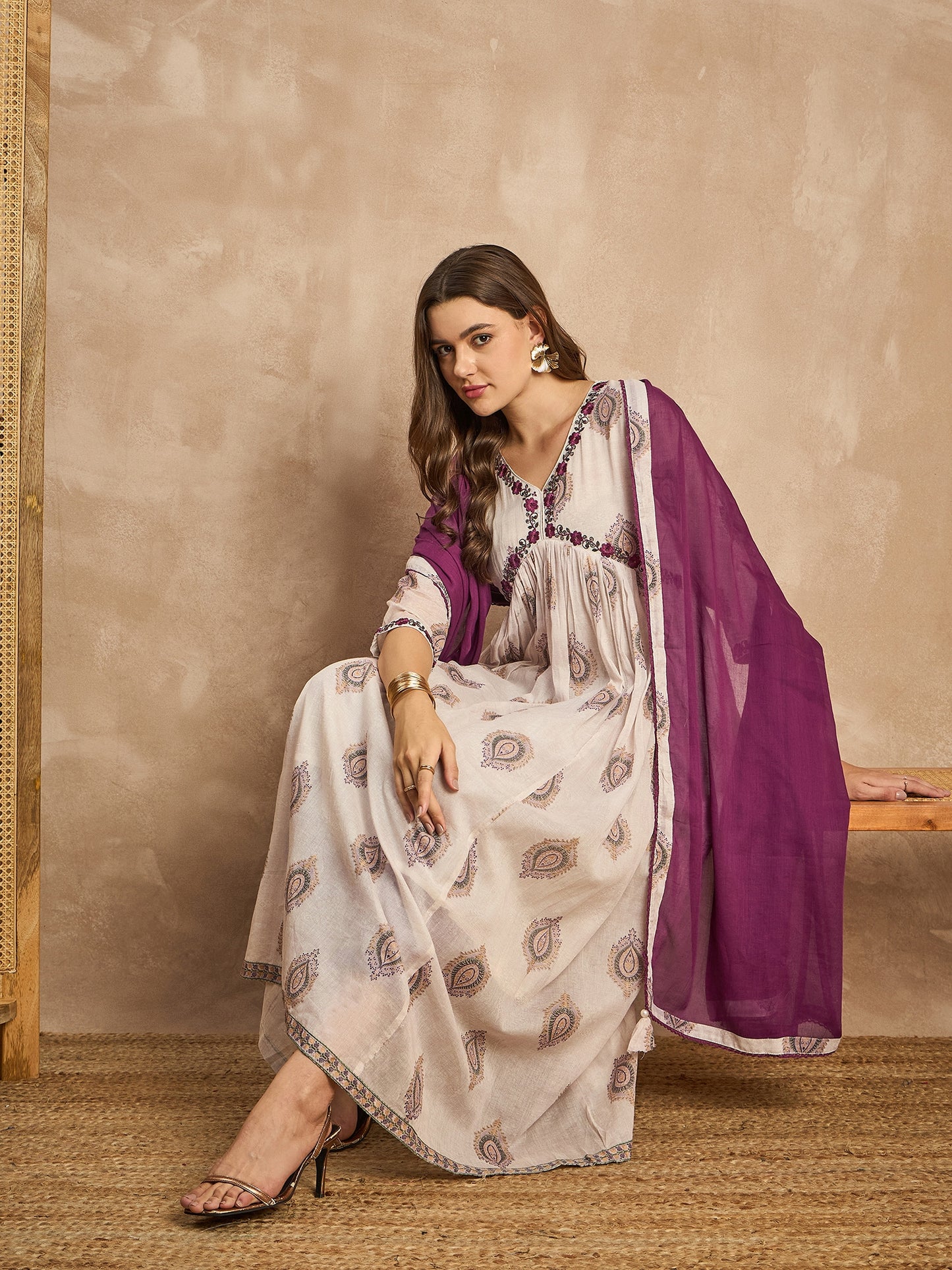 Women Ethnic Motifs Printed Thread Work Anarkali Kurta with Trousers & Dupatta