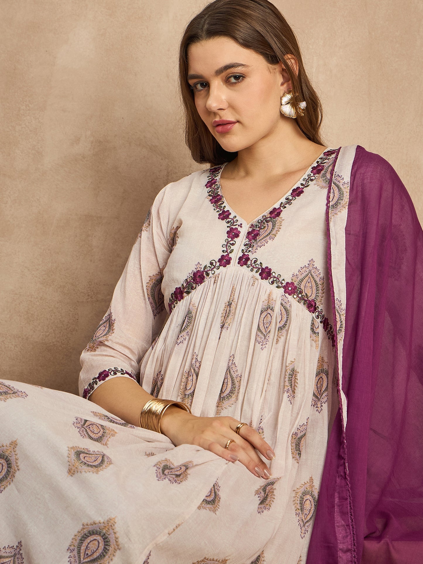 Women Ethnic Motifs Printed Thread Work Anarkali Kurta with Trousers & Dupatta