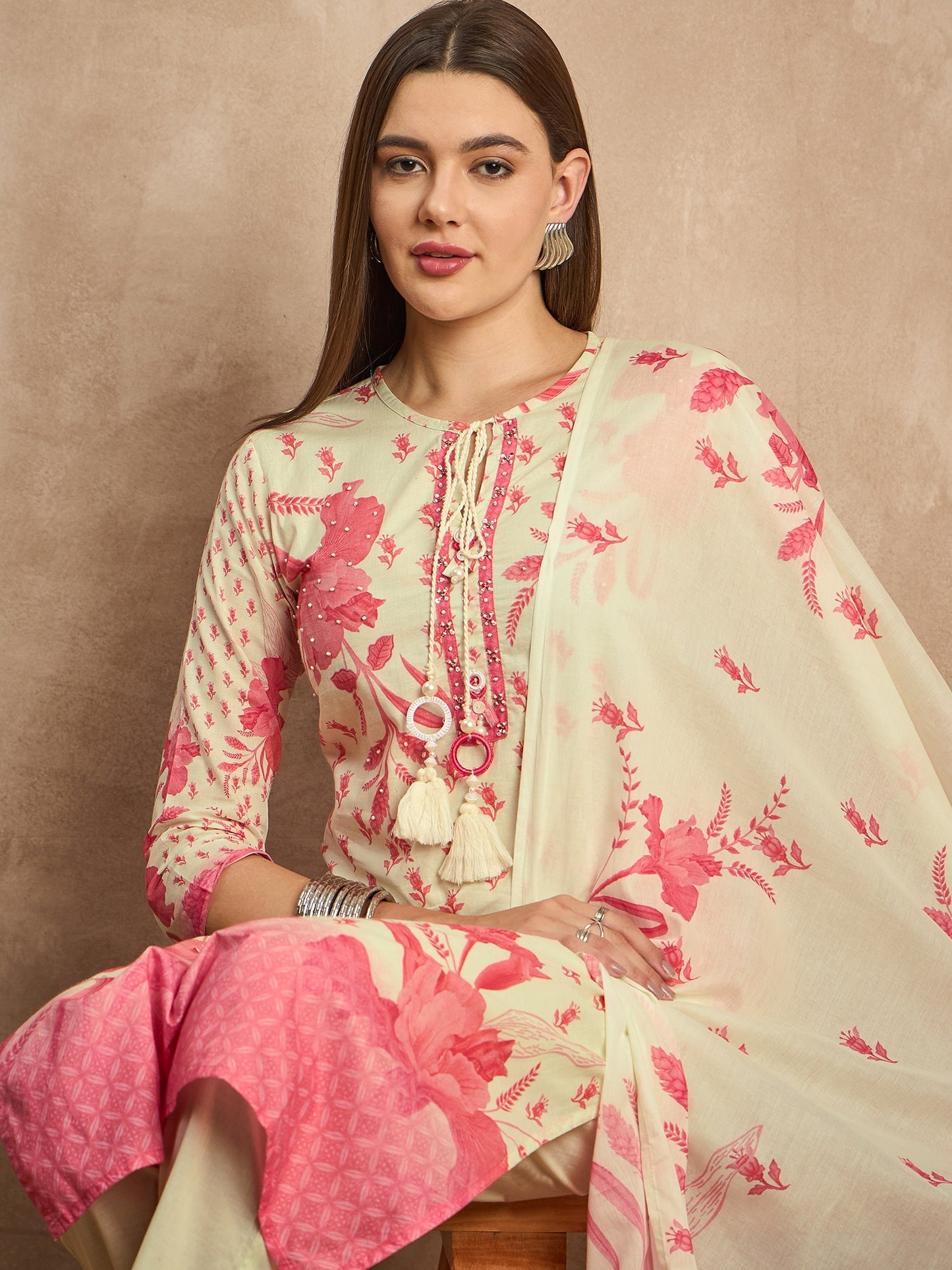Women Floral Printed Beads and Stones Pure Cotton Kurta with Trousers & Dupatta