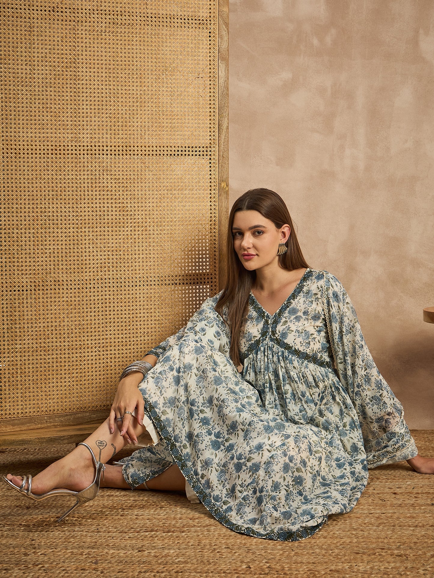 Women Floral Printed Empire Sequinned Kurta with Trousers & With Dupatta