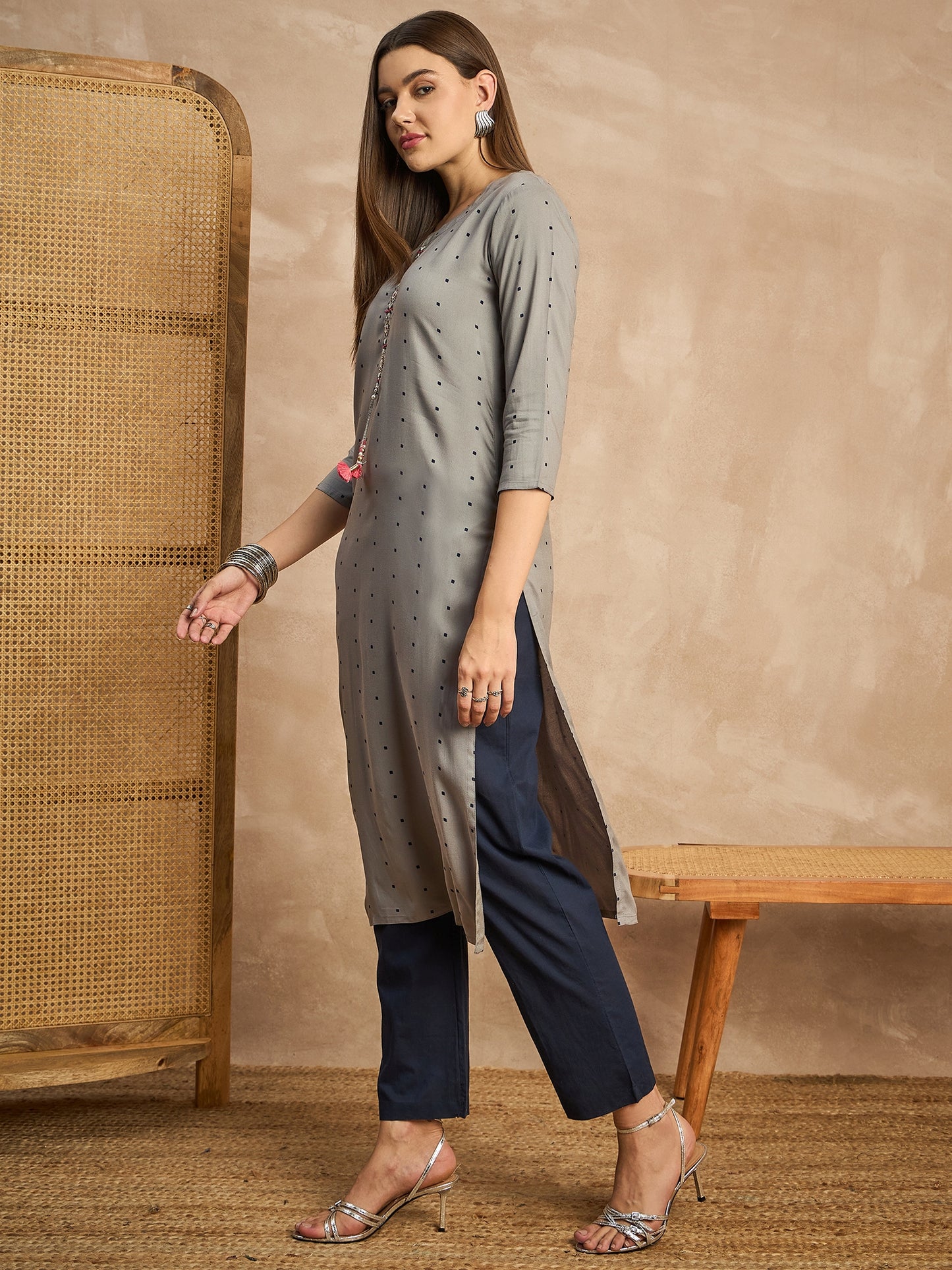 Geometric Printed Beads and Stones Straight Kurta
