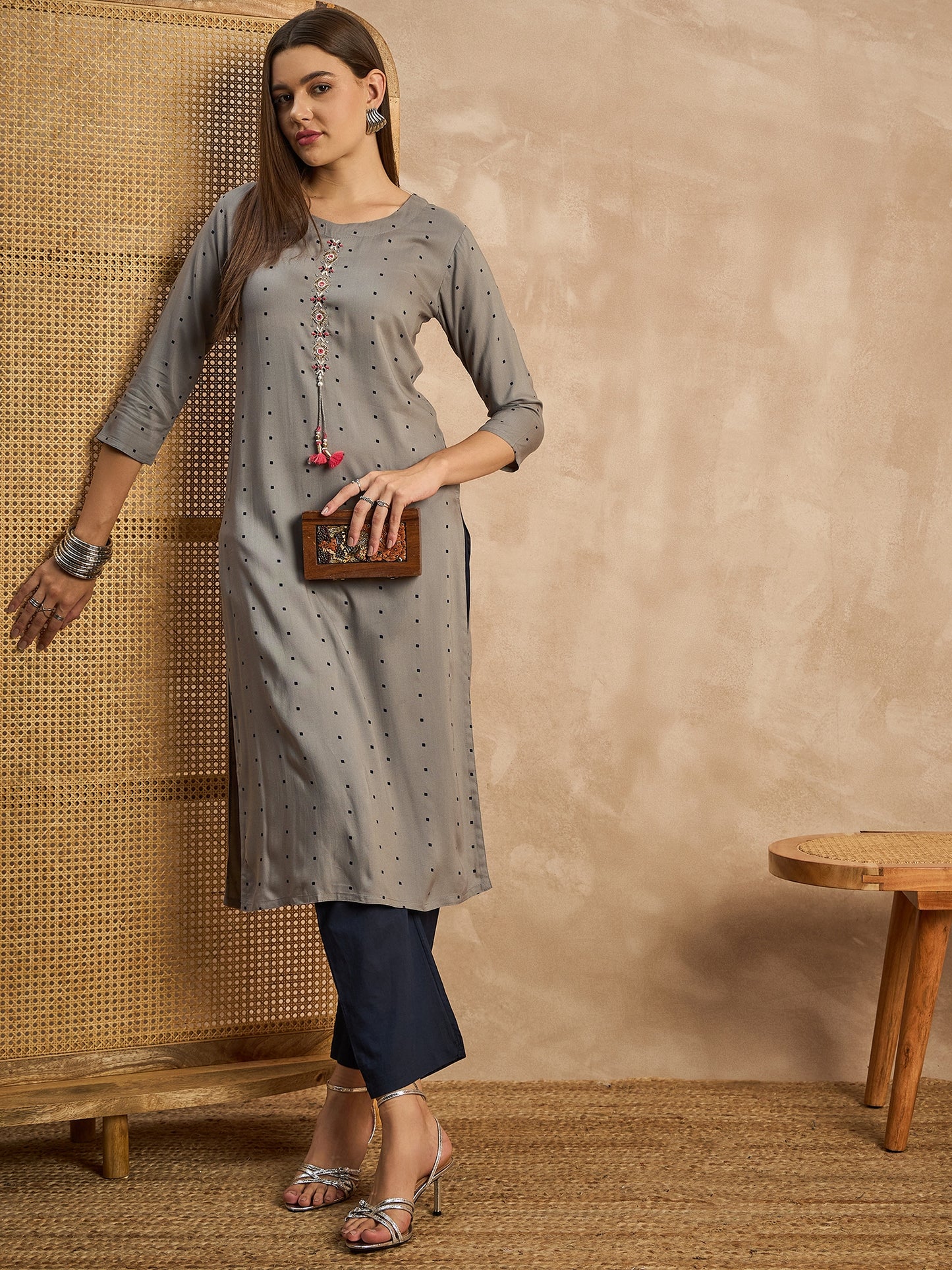 Geometric Printed Beads and Stones Straight Kurta