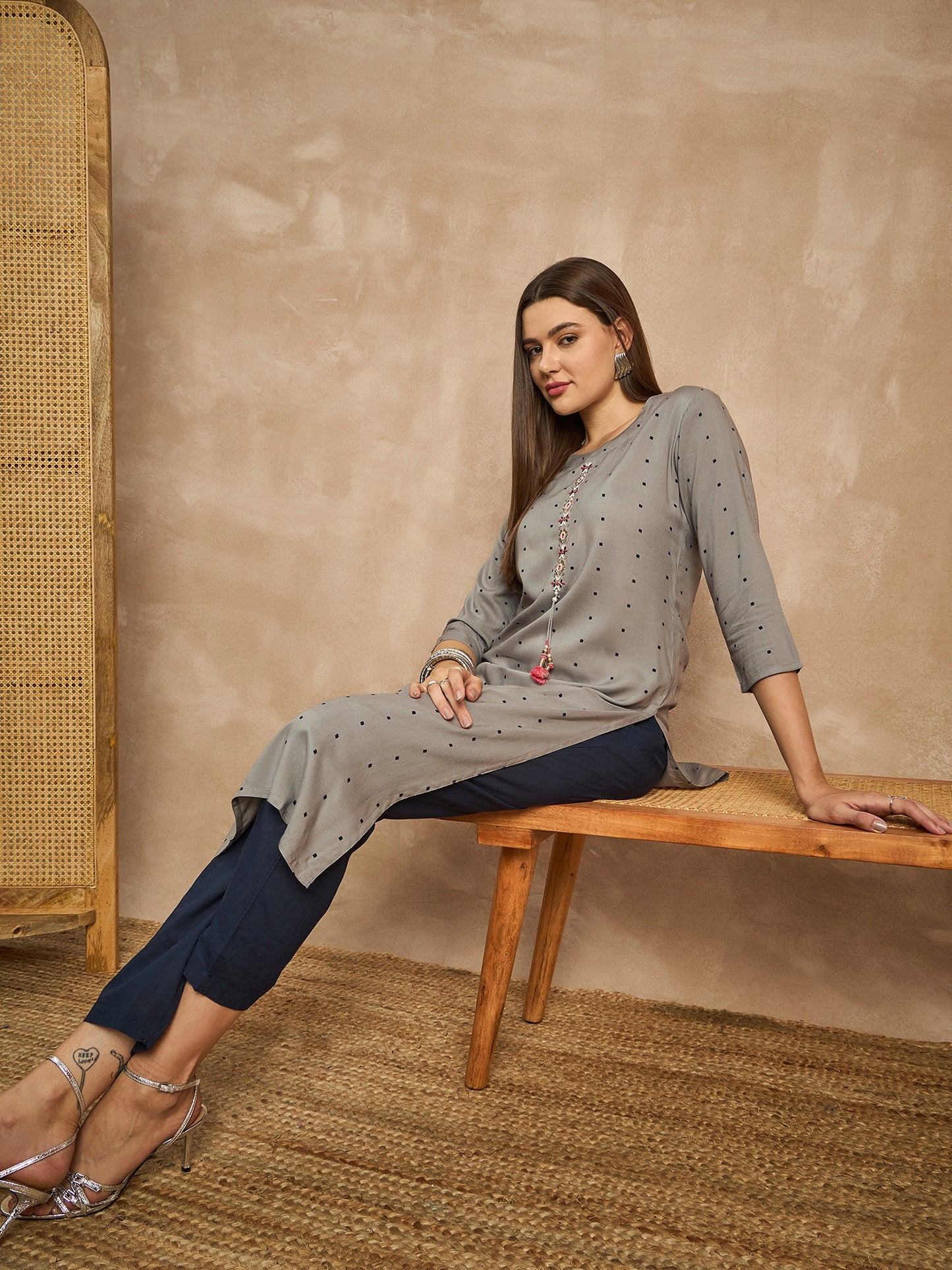 Geometric Printed Beads and Stones Straight Kurta