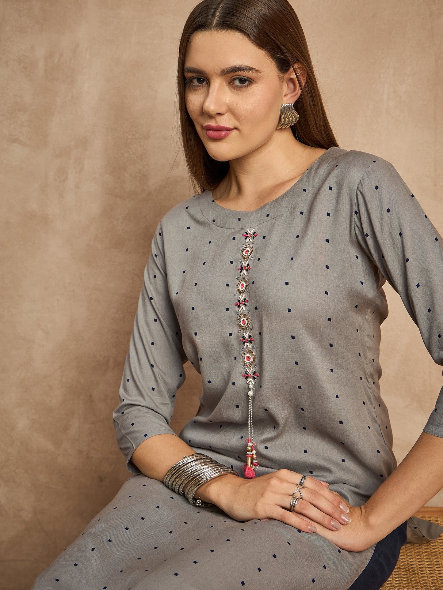 Geometric Printed Beads and Stones Straight Kurta