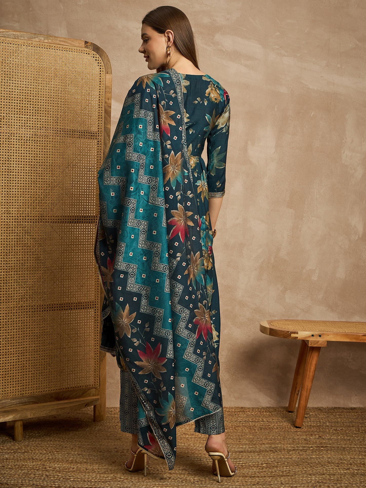 Women Ethnic Motifs Embroidered Pleated Thread Work Raw Silk Kurta with Trousers & With Dupatta