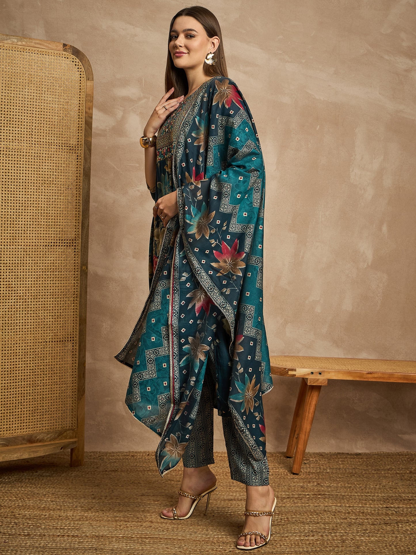 Women Ethnic Motifs Embroidered Pleated Thread Work Raw Silk Kurta with Trousers & With Dupatta