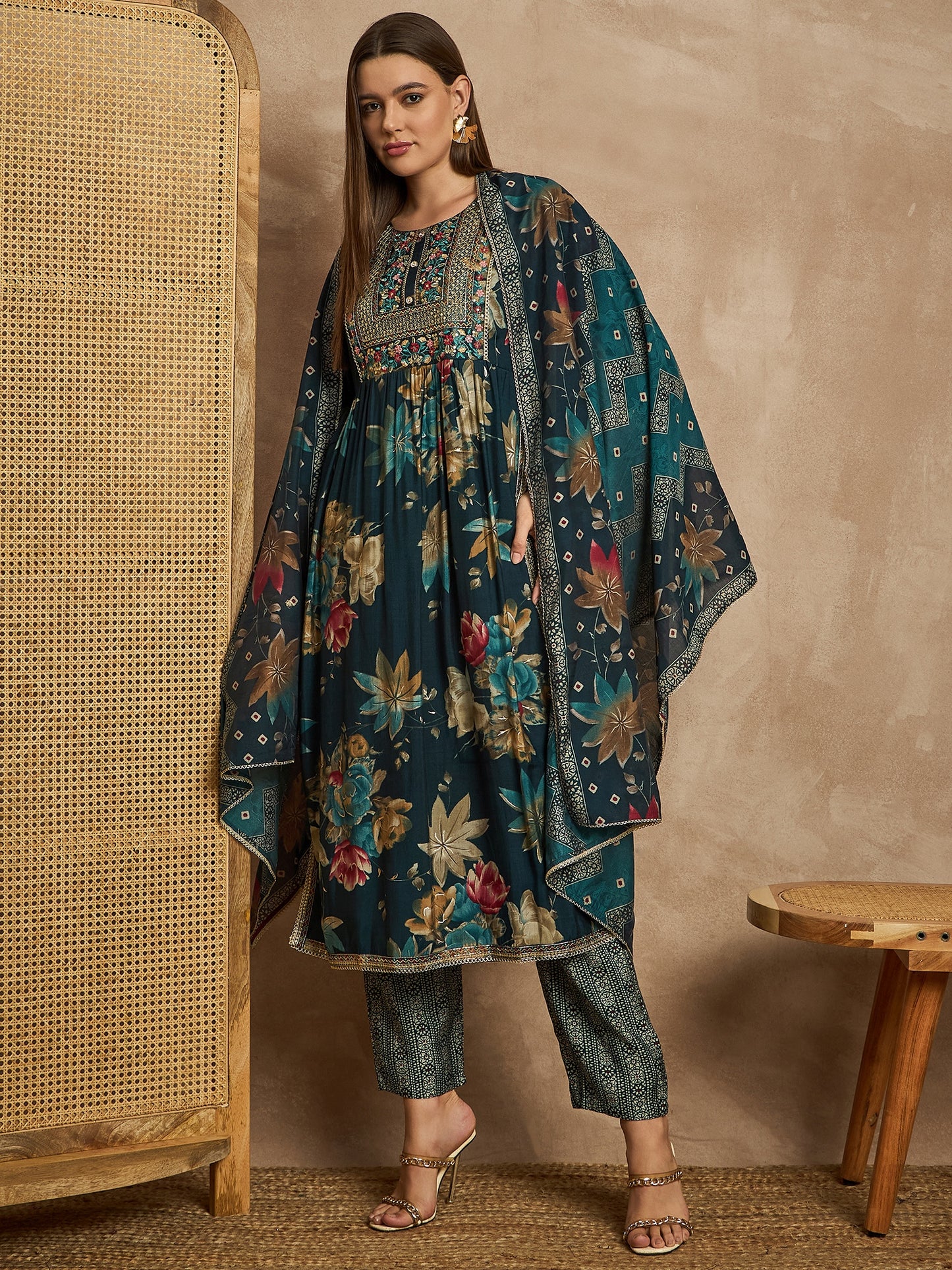 Women Ethnic Motifs Embroidered Pleated Thread Work Raw Silk Kurta with Trousers & With Dupatta