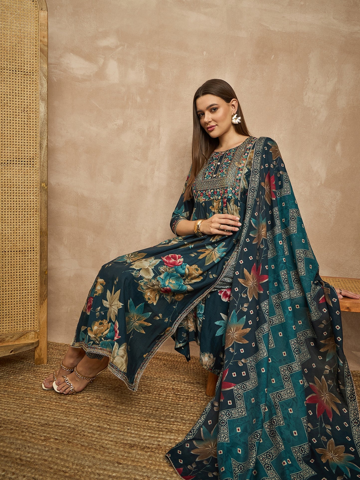 Women Ethnic Motifs Embroidered Pleated Thread Work Raw Silk Kurta with Trousers & With Dupatta